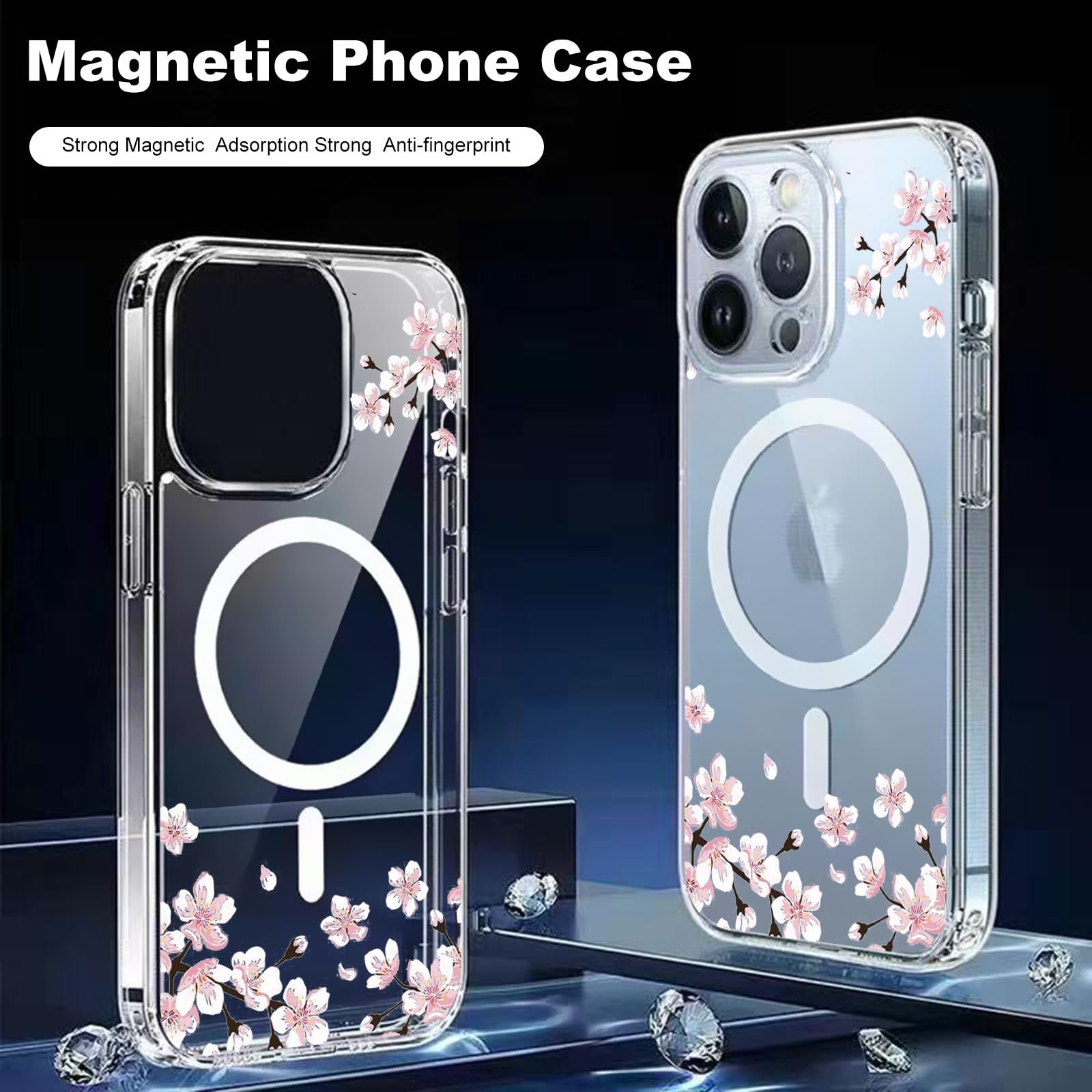 Magnetic Sakura Case for iPhone 15 Pro Max - MagSafe Compatible Wireless Charging, Cute Cherry Blossom Design, Shockproof & Anti-Scratch Clear Cover for Men & Women - Perfect for Spring Outfits, Travel & Everyday Protection
