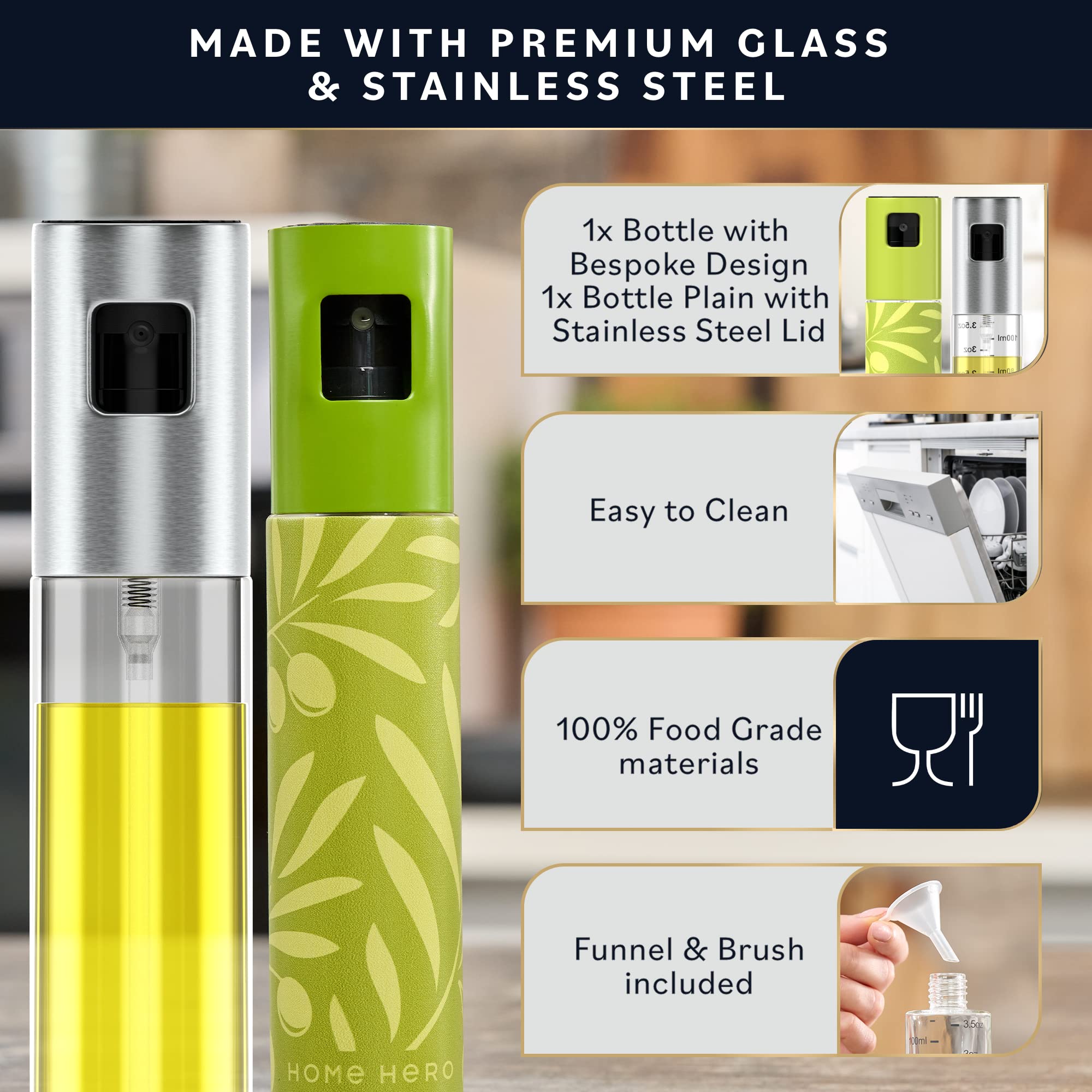 2-Pack Olive Oil Sprayer for Cooking - 120ml with Funnel & Brush | Perfect for Baking & Grilling