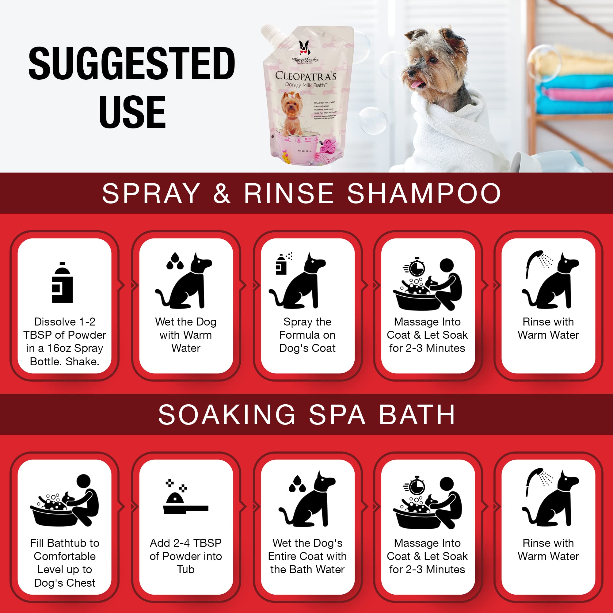 Warren London Cleopatra's Doggy Milk Bath 32oz - Luxurious Dog Shampoo & Conditioner with Whole Milk Powder & Honey for Silky Smooth Coat | Full Bath Soak or Spray-On Shampoo for Dogs | Perfect for Grooming, Dry Skin Relief & Spa Day at Home