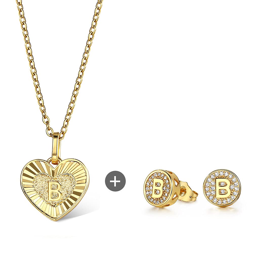 Trendy Heart Love Initial Letter B Pendant Necklace with CZ Stud Earrings Set - Elegant Women's Jewelry Gift for Her, Perfect for Valentine's Day, Anniversary & Birthday Presents