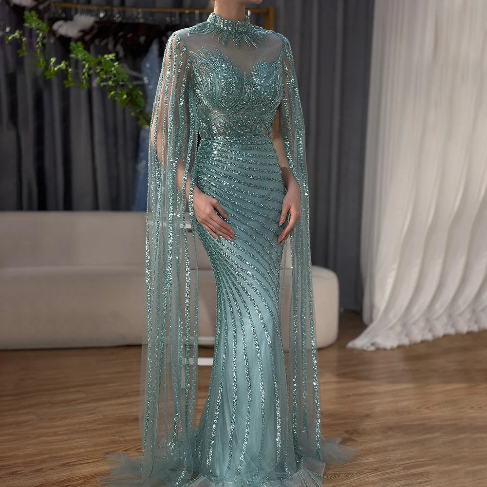 Luxury Dubai Arabic Nude Mermaid Cape Sleeves Lace Beaded Long Evening Dress Gown for Formal Occasions - Perfect for Weddings, Galas & Red Carpet Events LA71885B