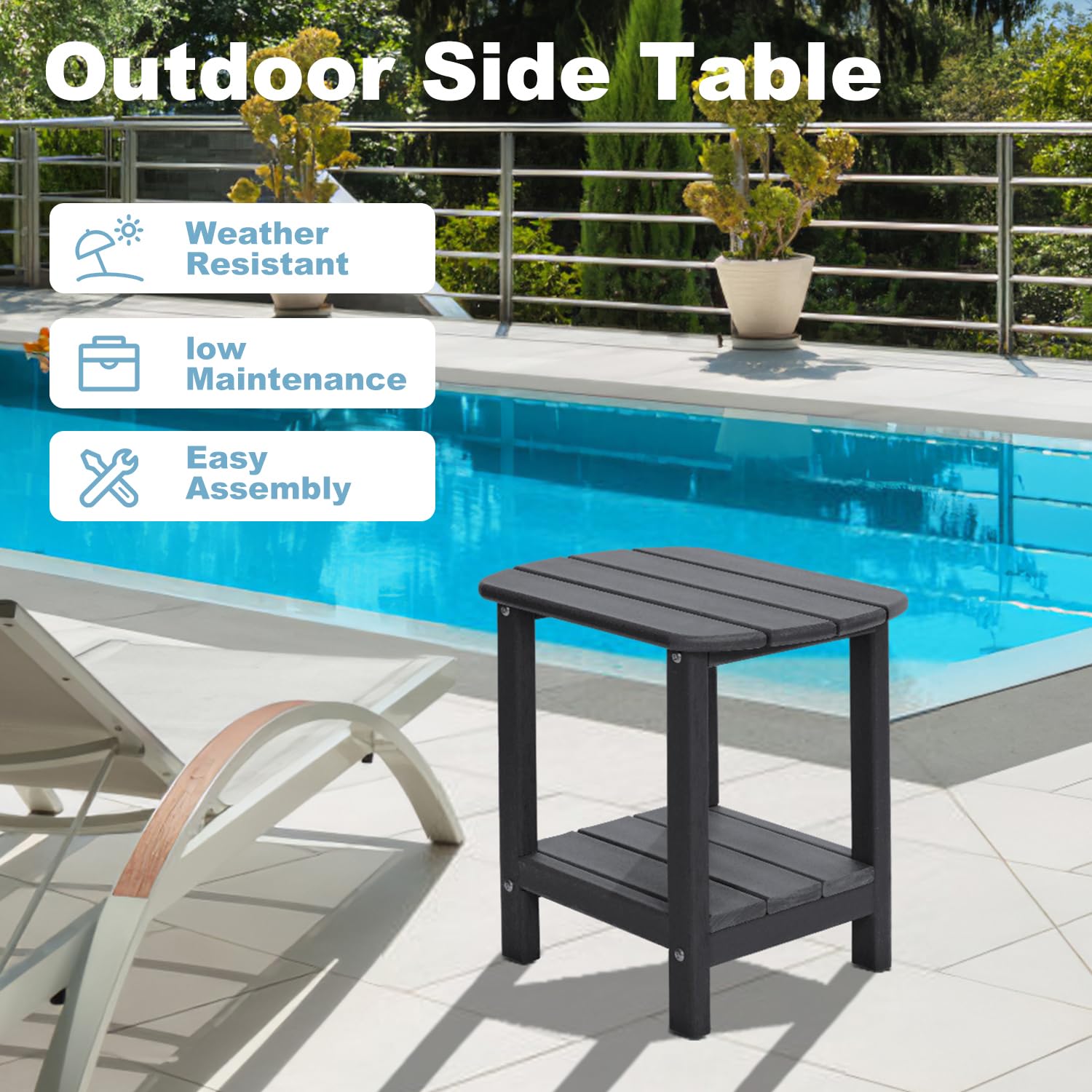 2-Tier Adirondack Outdoor Side Table - Weather Resistant HDPE Patio End Table for Deck, Poolside & Garden (Black) - Perfect for Drinks, Books & Outdoor Relaxation