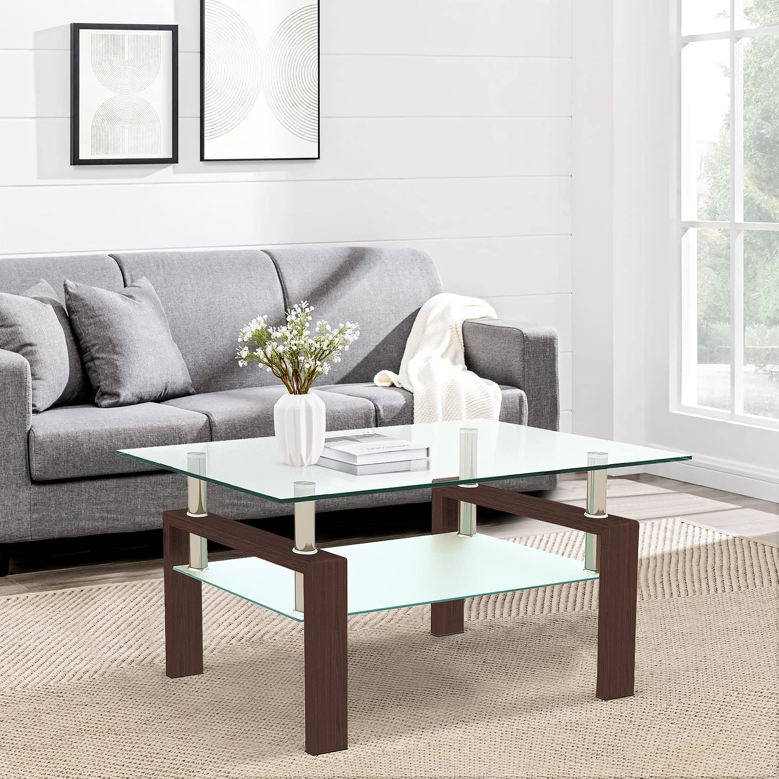 Modern Clear Glass Coffee Table with Metal Tube Legs & Lower Shelf - 2-Tier Rectangle Center Table for Living Room, Waiting Area - Durable Walnut Finish (Perfect for Small Spaces & Contemporary Decor)