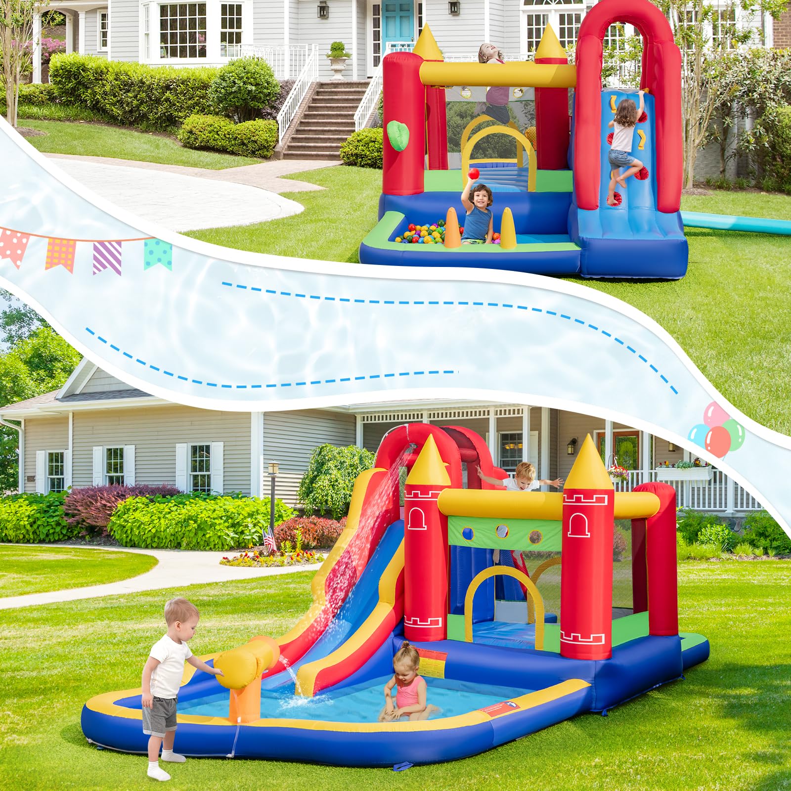 **HONEY JOY 9-in-1 Inflatable Water Slide & Bounce House Combo with Splash Pool, Long Slide, and Ball Pit (Includes 50 Balls) - Fun Backyard Water Park for Kids & Adults (Blower Not Included) - Perfect for Summer Parties, Birthdays, and Outdoor Family Fun**