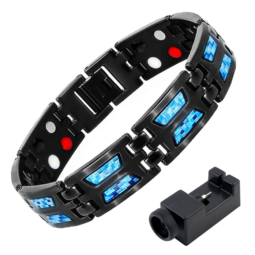 HHHJ Carbon Blue Titanium Magnetic Therapy Bracelet for Weight Loss & Lymph Detox - Adjustable Carbon Fiber Bracelet with Ultra Strength Magnets - Perfect for Fitness, Wellness & Pain Relief