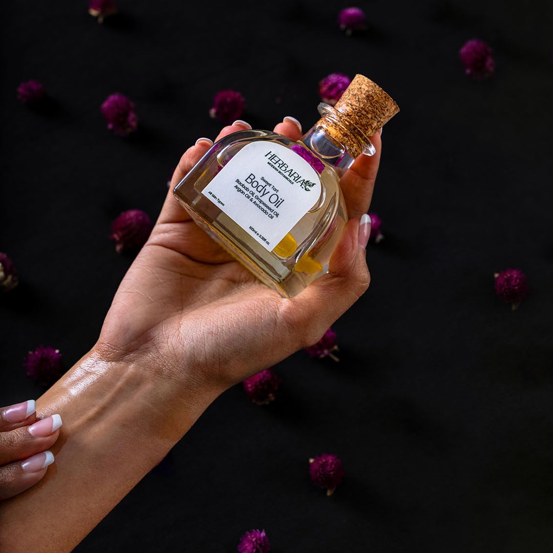 Herbaria Sweet Tart Daily Moisturizing Body Oil - 100% Vegan Luxury Hydrating Body Oil with Almond, Grapeseed, Pomegranate, Avocado, Argan & Baobab Oils | All-Season Skin Care for Dry Skin, Massage & Aromatherapy