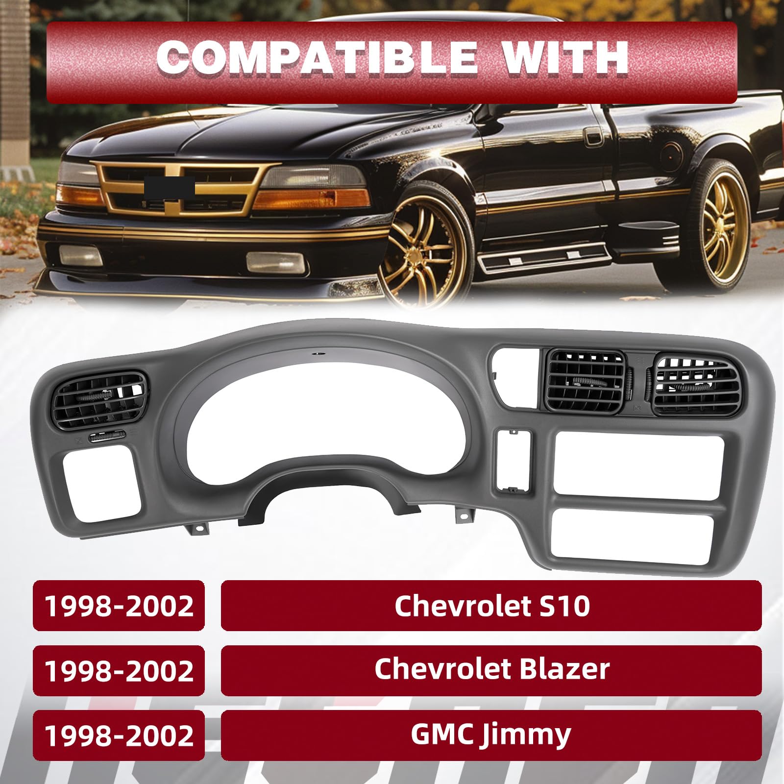 HECASA ABS Plastic Gray Dashboard Radio Panel Compatible with 1998-2002 Chevy Chevrolet S10 Blazer & GMC Jimmy - Single Din Radio Bezel Replacement for Enhanced Car Audio Upgrade | Perfect for DIY Car Stereo Installation and Dash Repair