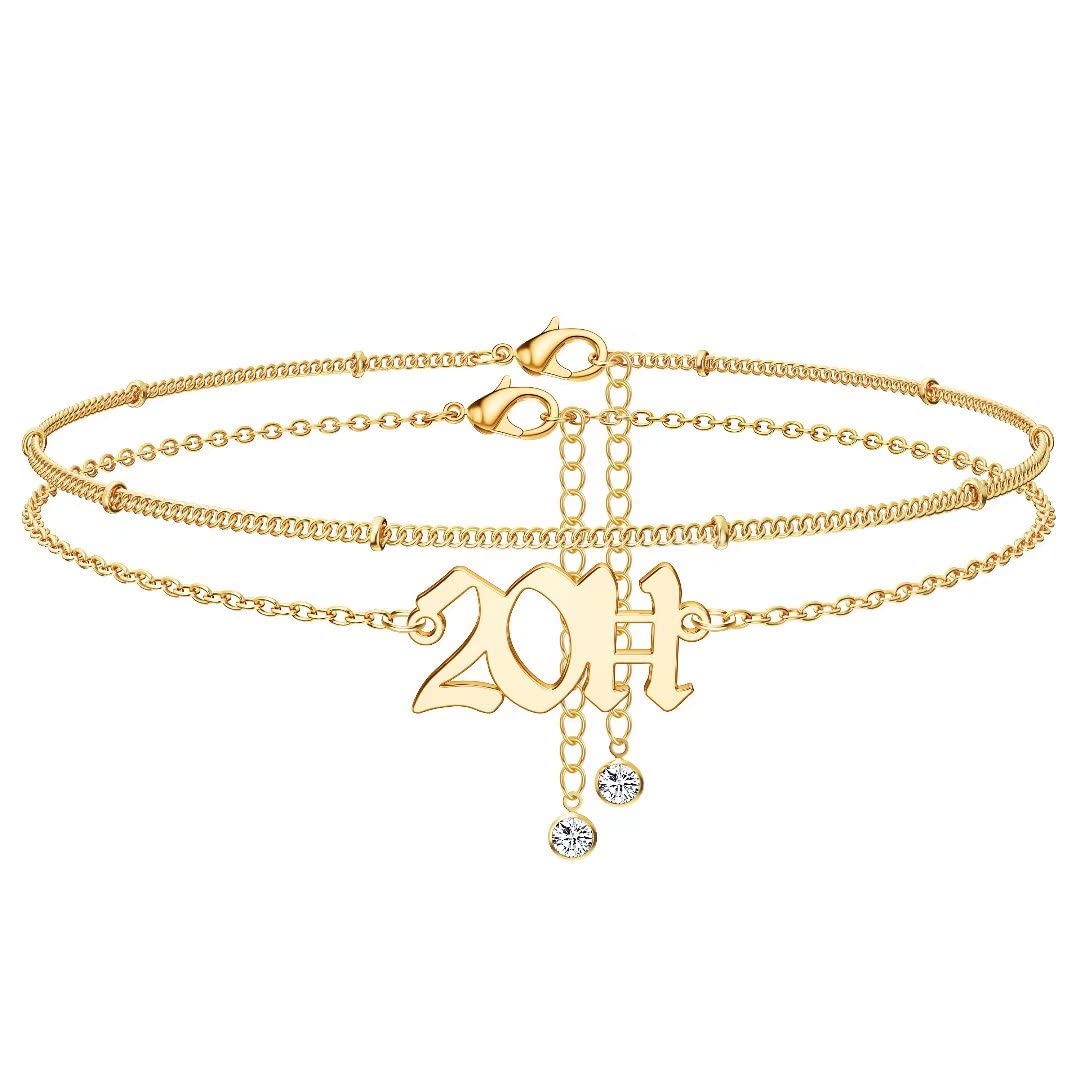 14K Gold Plated Birth Year Anklet - Women's Dainty Ankle Bracelet for Beach & Birthday Gifts