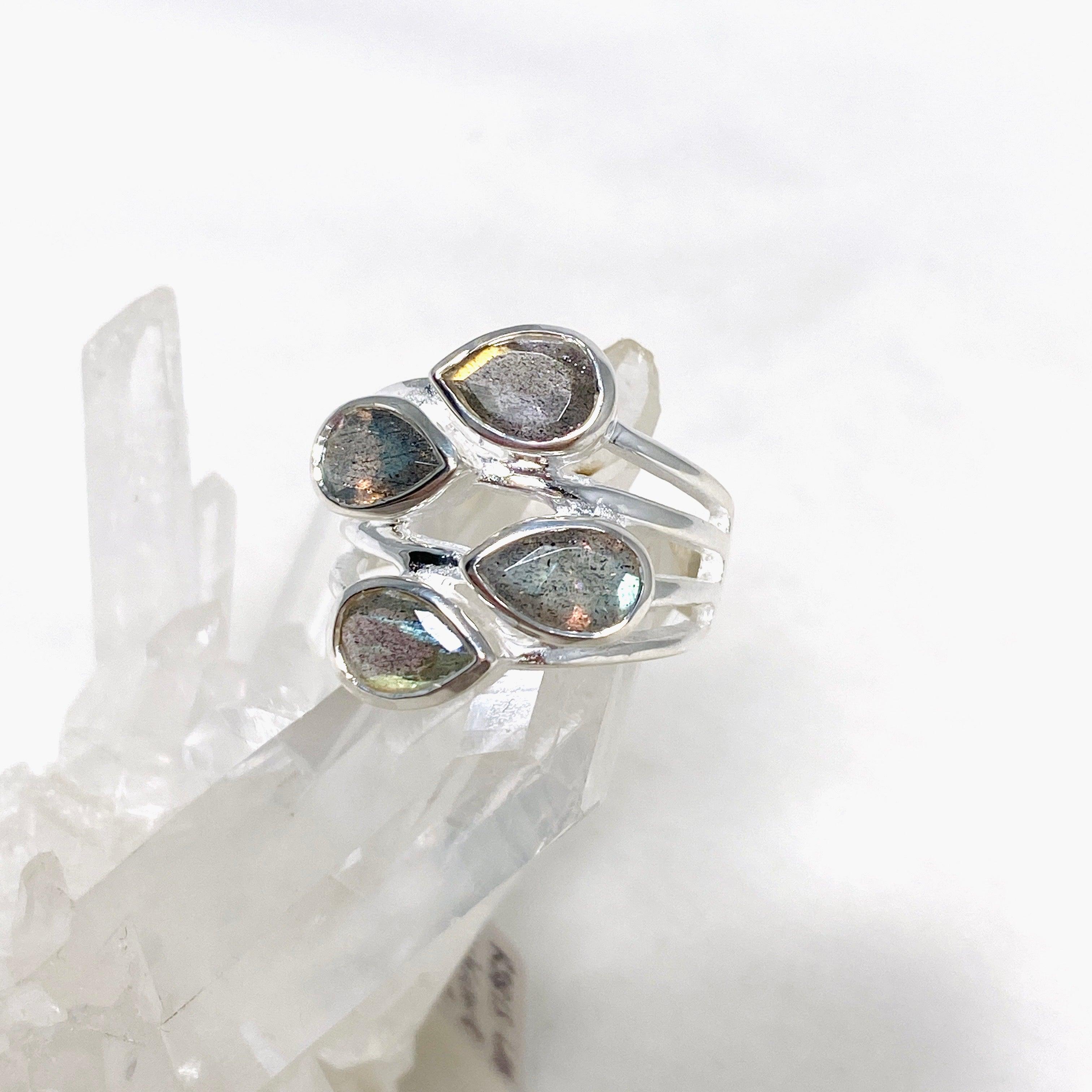 Labradorite Multi-Stone Faceted Teardrop Ring R3815 - Elegant Crystal Jewelry for Women, Perfect for Weddings, Parties & Special Occasions
