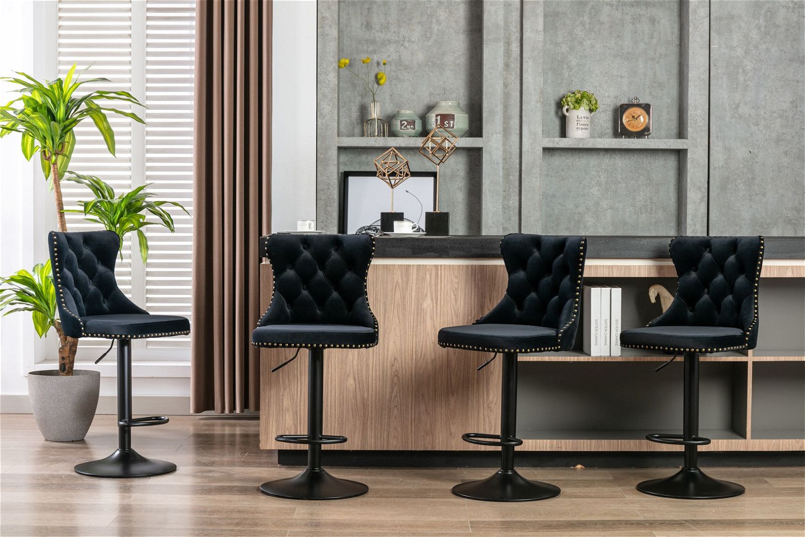 Adjustable Height Swivel Bar Stool with Velvet Upholstery & Nailhead Trim - Footrest Included - Perfect for Kitchen Islands, Home Bars & Dining Counter Seating