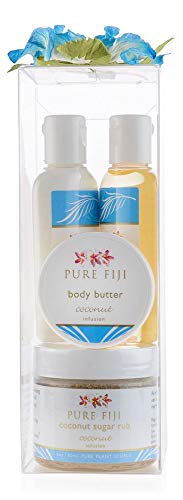 Pure Fiji Spa Gift Set for Women & Men - Sugar Glow Exfoliating Scrub, Bath Oil, Body Butter & Lotion | Coconut Scented Luxury Skincare Bundle | Perfect for Relaxation, Self-Care & Gifting