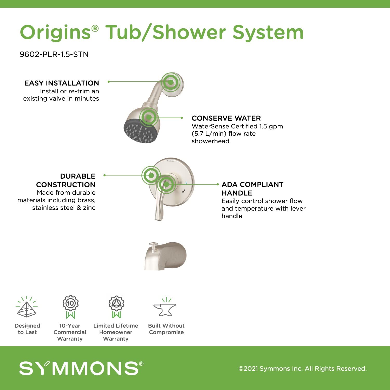 Symmons 9602-PLR-1.5-STN Origins 1-Handle Tub and Shower Faucet in Satin Nickel Finish - Perfect for Bathroom Renovation and Modern Home Upgrade