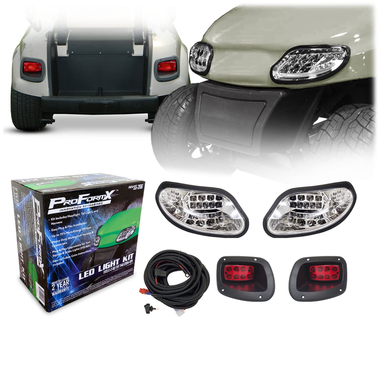ProFormX LED Headlight & Tail Light Kit for EzGo TXT T48 / Freedom Golf Carts (2014-Up) - Complete with Wiring Harness & Rocker Switch - 2 Year Warranty - Perfect for Night Golfing & Neighborhood Cruising