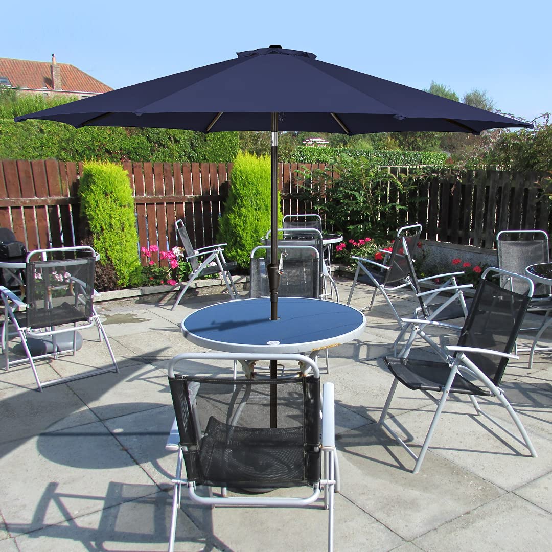 9 Ft Outdoor Patio Umbrella with Push Button Tilt & Crank Lift - 8 Ribs Market Umbrella for Garden, Poolside, Restaurant (Navy Blue) - Perfect for Outdoor Dining, Lounging and Commercial Use