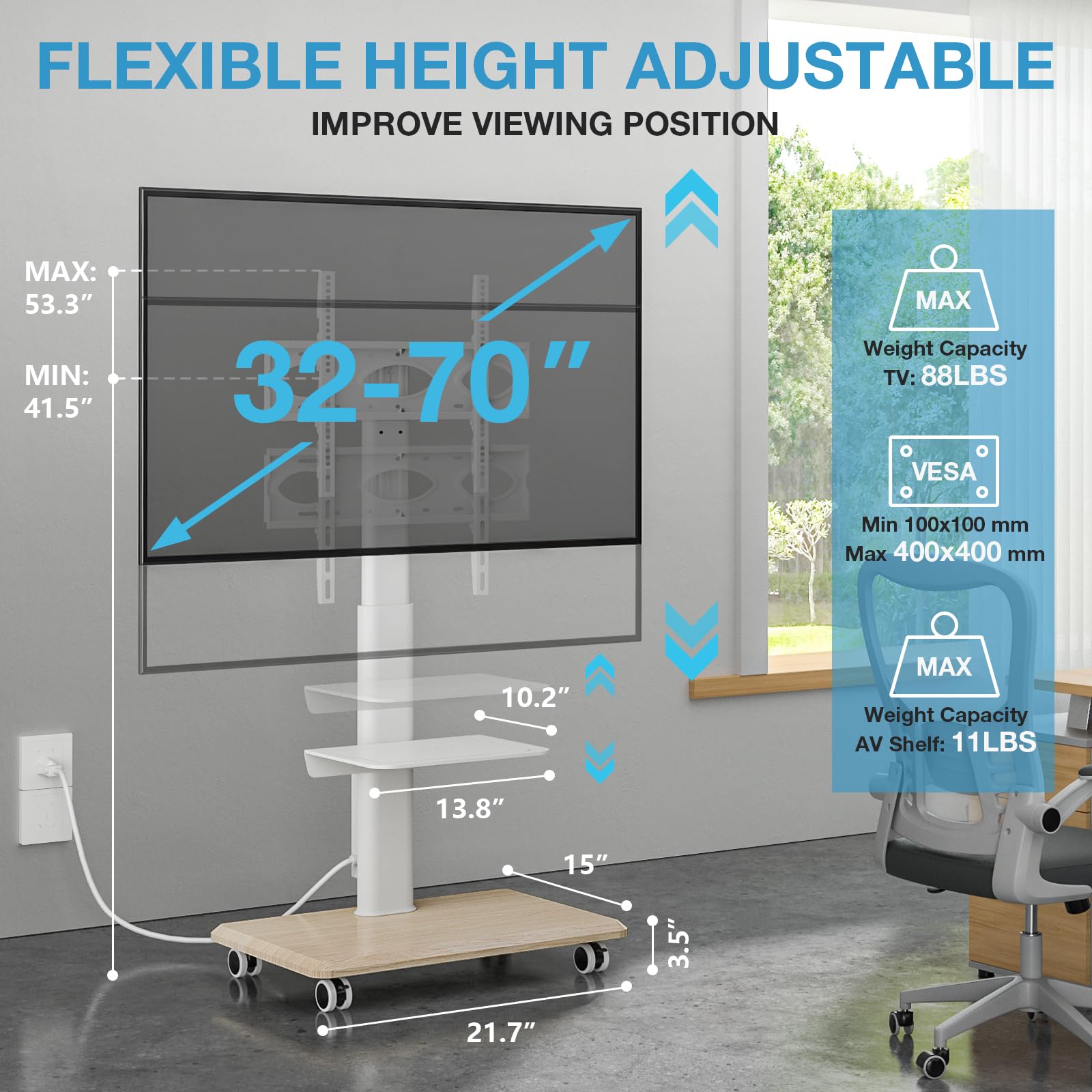 Universal TV Stand for 32-70 Inch TVs - Swivel Rolling Height Adjustable Mobile TV Stand with Power Outlet, Wood Base White Entertainment Center - Perfect for Living Room, Bedroom, or Home Theater Setup