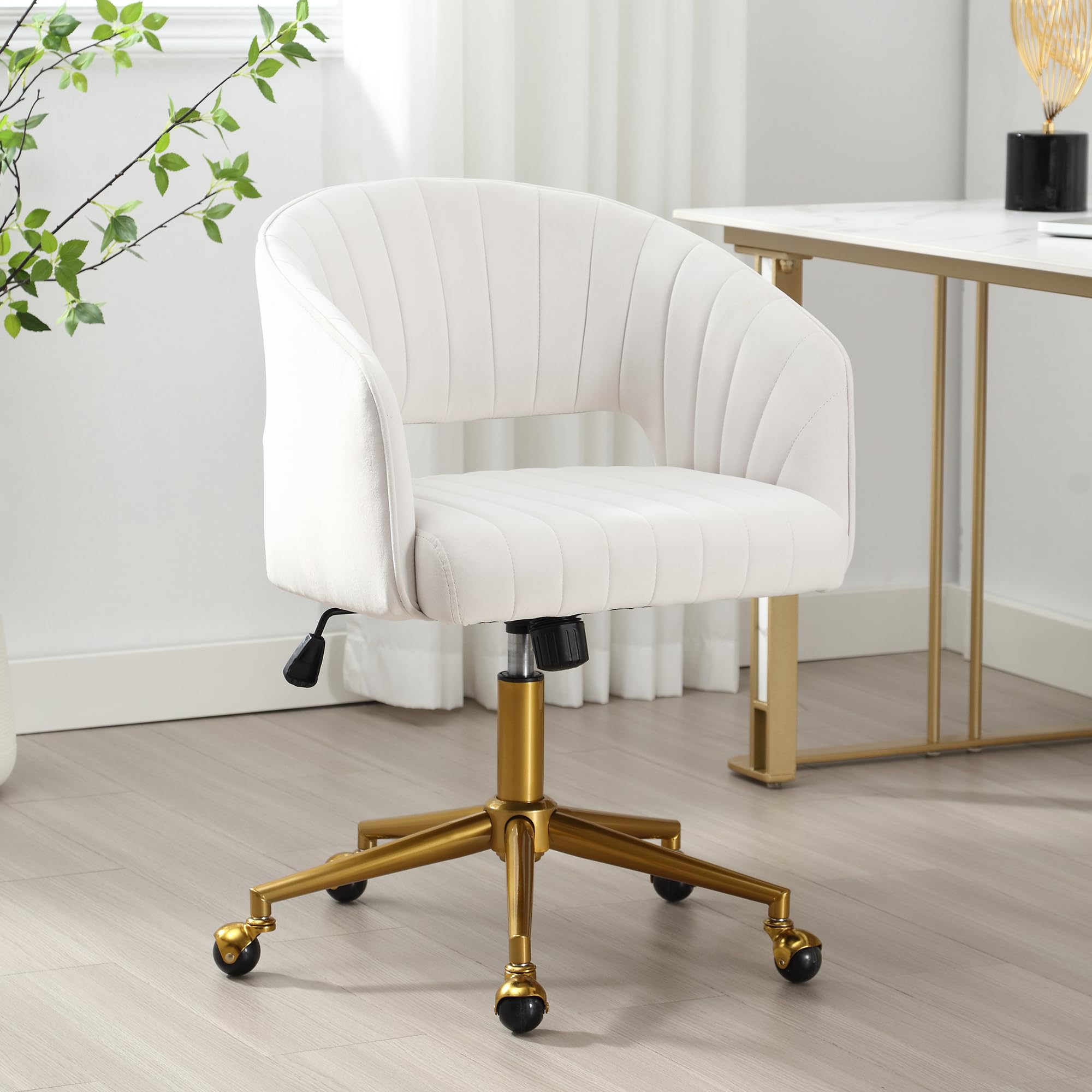 ABET Velvet Swivel Office Chair with Wheels & Adjustable Back - Modern Upholstered Desk Chair with Gold Base for Home, Living Room, Bedroom & Vanity - Cream White | Ergonomic Comfort for Work & Relaxation