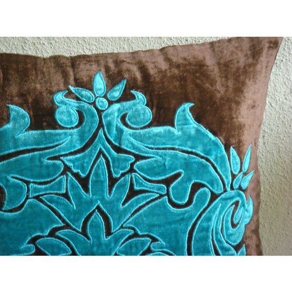 Brown & Blue Velvet Decorative Euro Sham Pillow Cover - Luxury Applique Damask Design for Bedroom Decor | Perfect for Master Bedroom, Guest Room & Home Styling