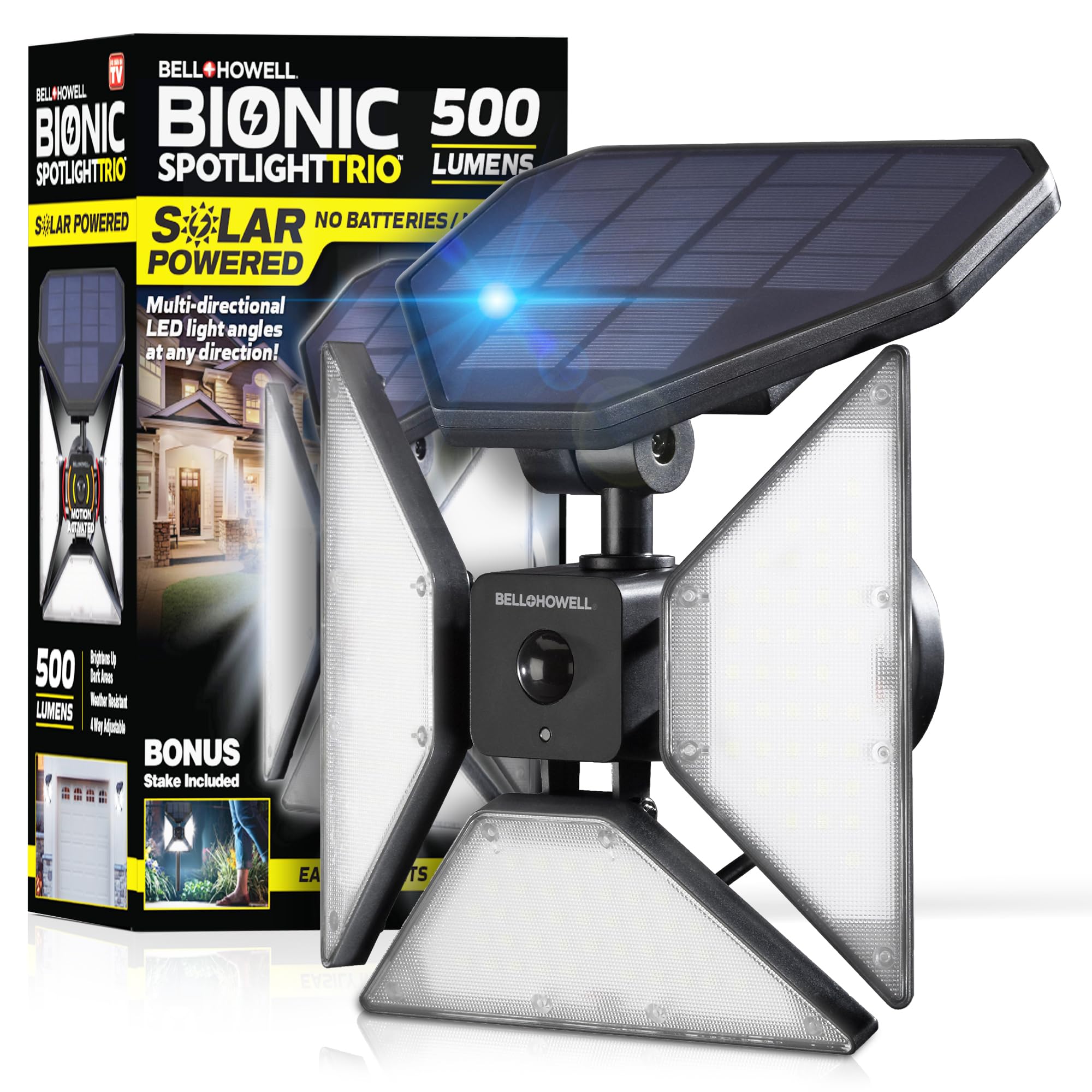 Bell+Howell Bionic Trio Solar Lights Outdoor with Motion Sensor - 500 Lumens Super Bright LED Landscape Spotlights for Garden, Yard, Patio & Pathway - Weatherproof Black Solar Powered Lights (Cool White) | Perfect for Home Security, Driveway Lighting & Backyard Decoration