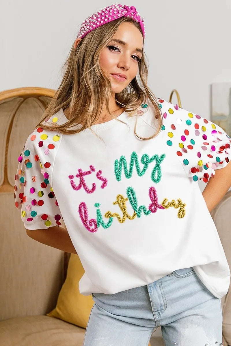 BiBi Metallic Letter Spangle Raglan Puff Sleeve Top | Trendy Women's Graphic Tee for Casual Wear, Party & Date Night Outfits