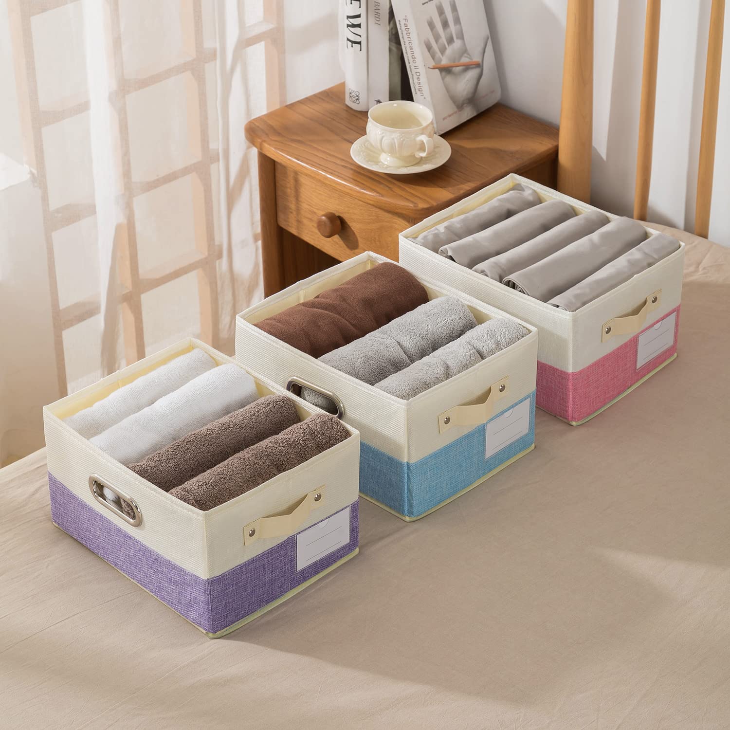 PRANDOM Large Collapsible Storage Baskets [3-Pack] - Decorative Fabric Storage Bins with Leather/Metal Handles for Closet, Shelves, Bedroom & Living Room (14.9x9.8x8.3 Inch) - Pink & Cream Organizers for Home, Office & Nursery Storage Solutions