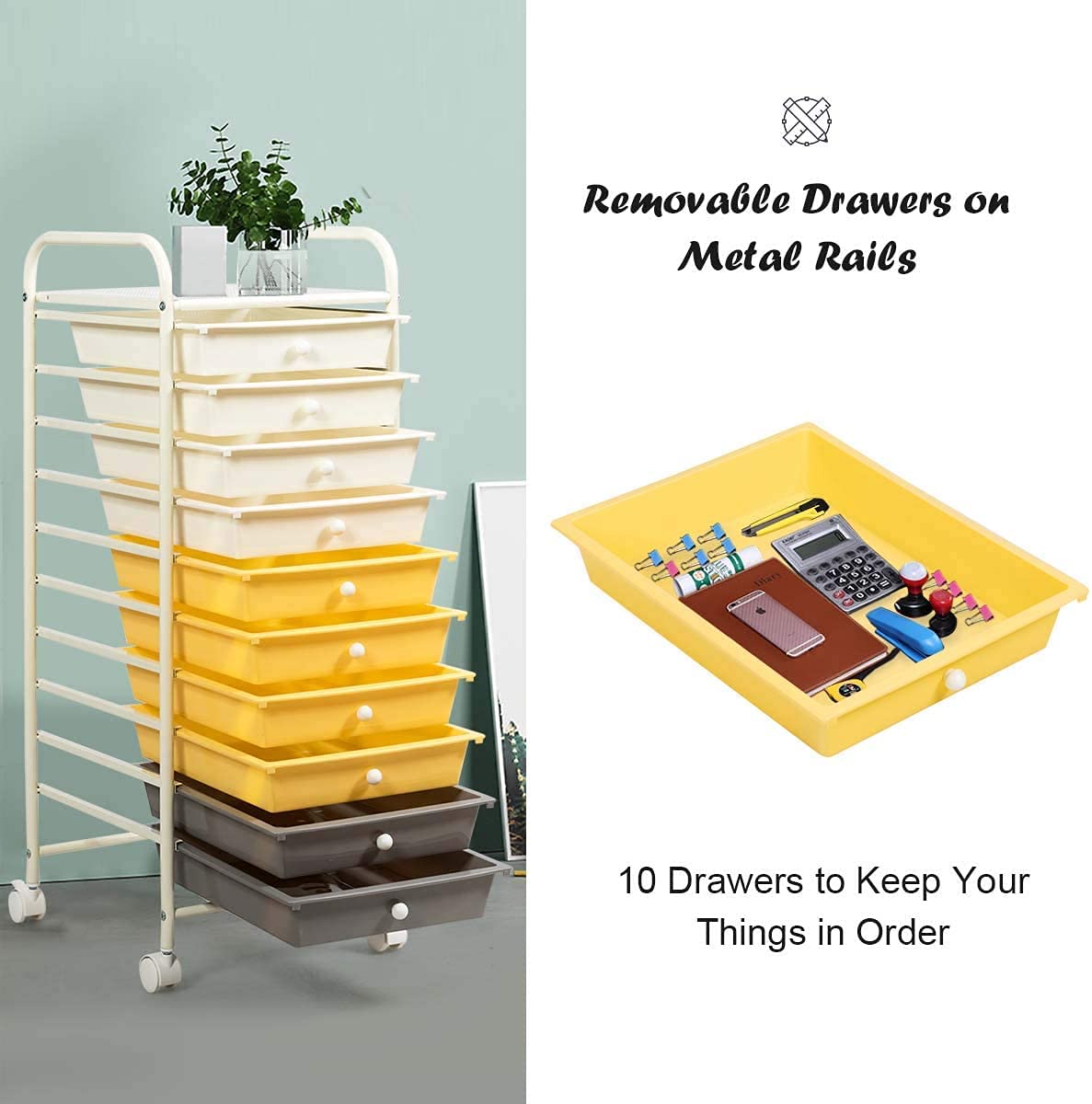 Giantex 10-Drawer Rolling Storage Cart - Plastic Organizer with Wheels for Craft Supplies, Office Tools, Scrapbook Paper & Home Organization (Yellow) | Perfect for Craft Rooms, Offices & Closet Storage