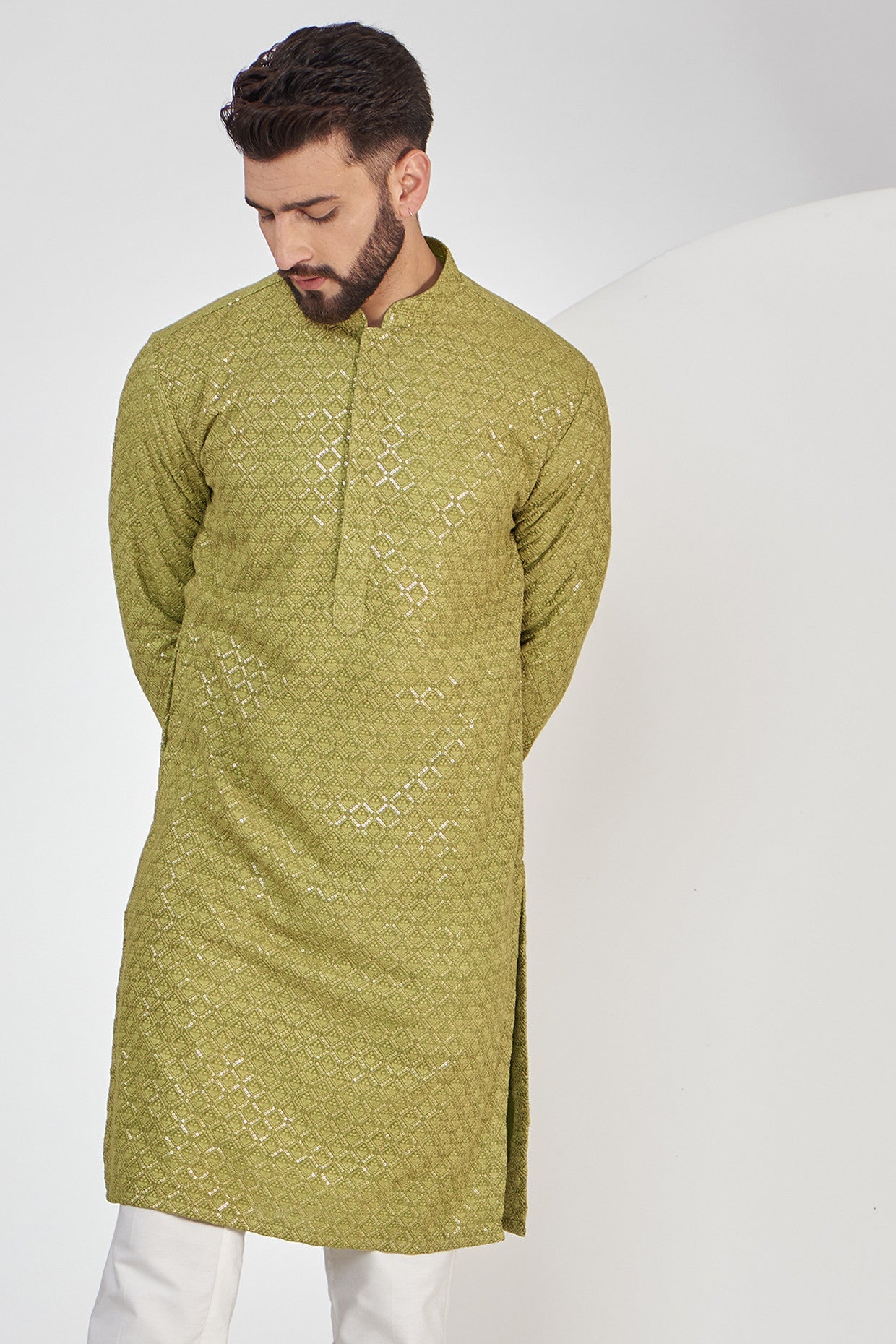 Exquisite Mehndi Green Sequenced Kurta with Intricate Thread Embroidery - Perfect for Festivals, Weddings & Special Occasions