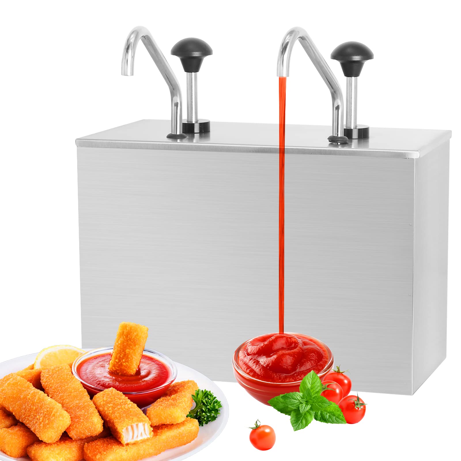 Stainless Steel 2-Bucket Condiment Pump Dispenser - 7.4 Quart Sauce Pump Station for Ketchup, Dressing & Syrup | Perfect for Restaurants, Cafes & Catering Events