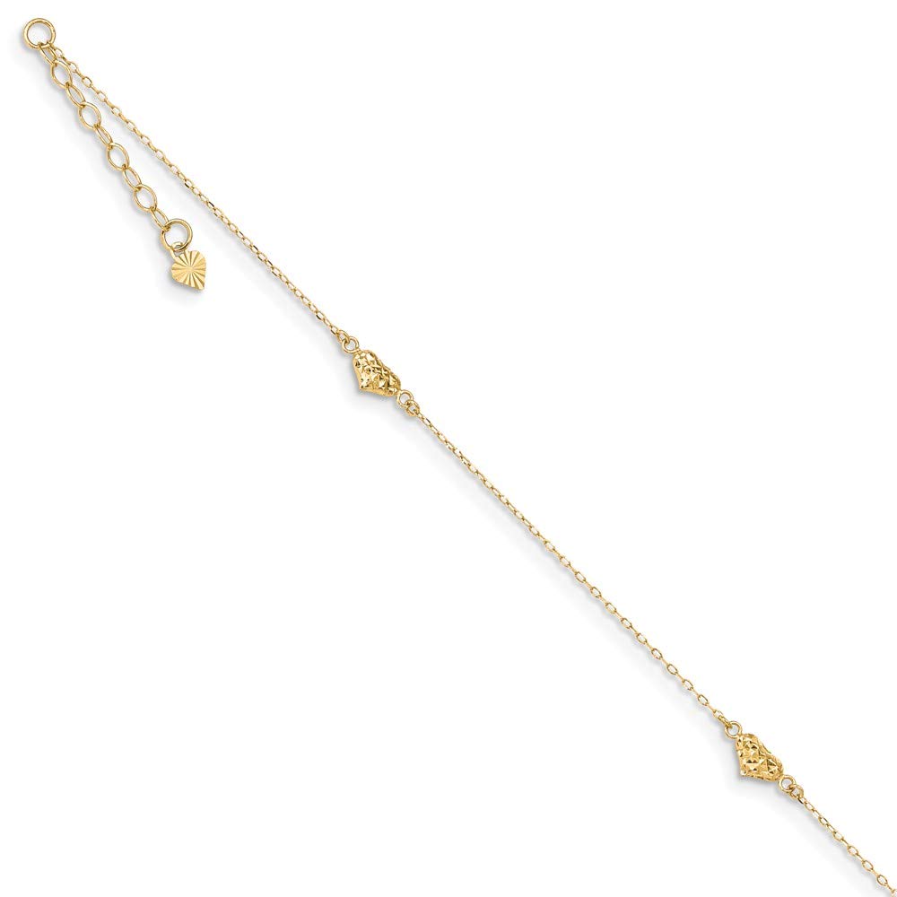 14K Yellow Gold Diamond-Cut Triple Puffed Hearts 1 Inch Anklet Bracelet - 9