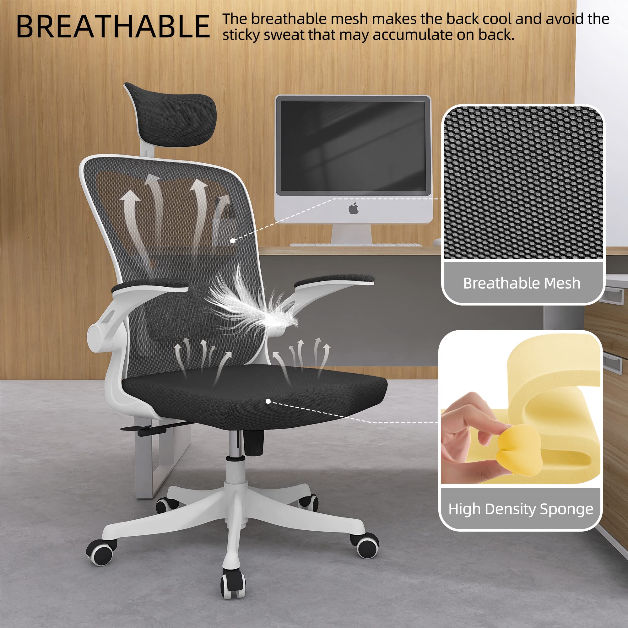 Monhey Ergonomic Office Chair with Lumbar Support, 3D Adjustable Headrest & Flip-Up Arms - High Back Mesh Computer Desk Chair with White Frame & Black Mesh - Perfect for Home Office, Gaming, and Study Workspaces
