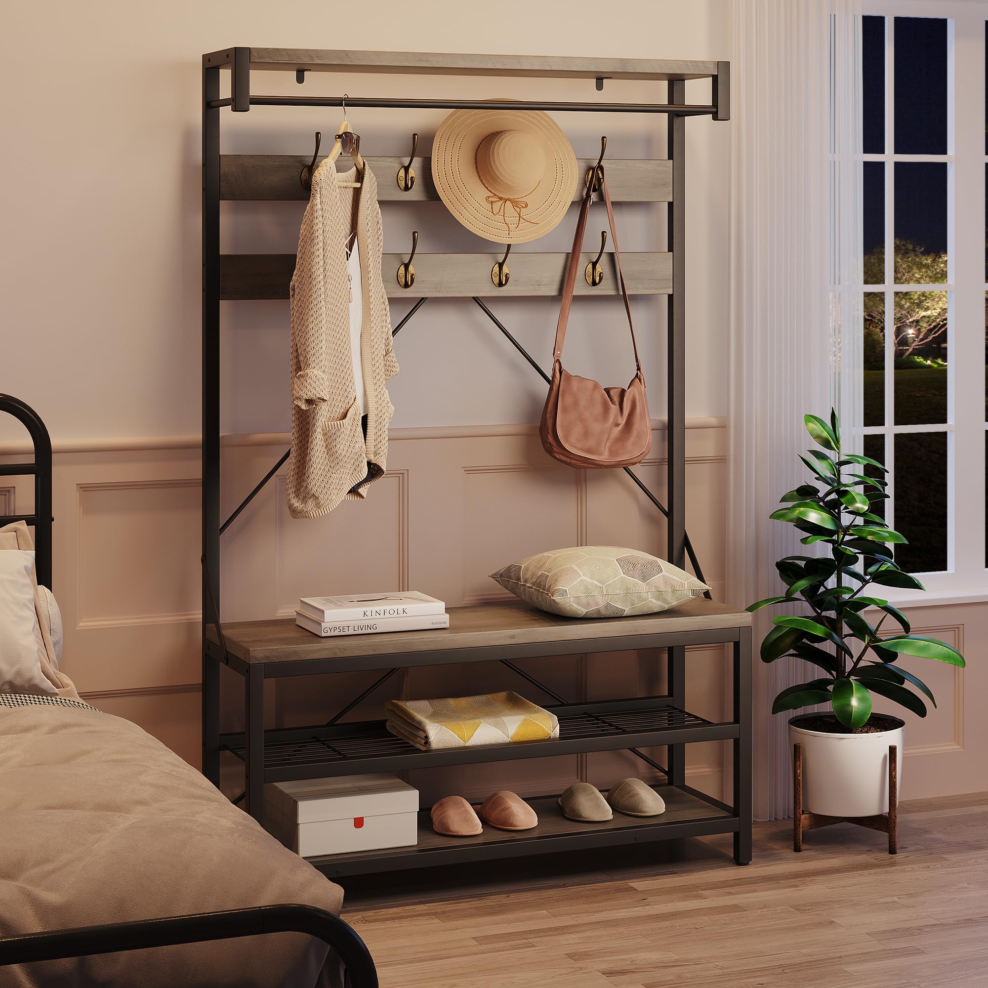Industrial Coat Rack Shoe Bench with 8 Hooks & Storage Shelf - 39.9