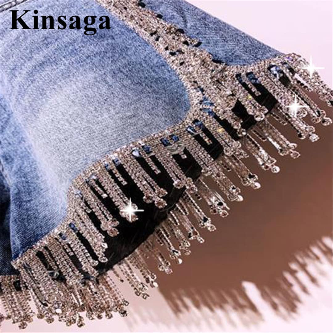 Women's Rhinestone Tassel Denim Shorts - High Waist Wide Leg Distressed Jean Shorts with Patchwork & Studded Details | Perfect for Streetwear, Summer Outfits & Music Festivals