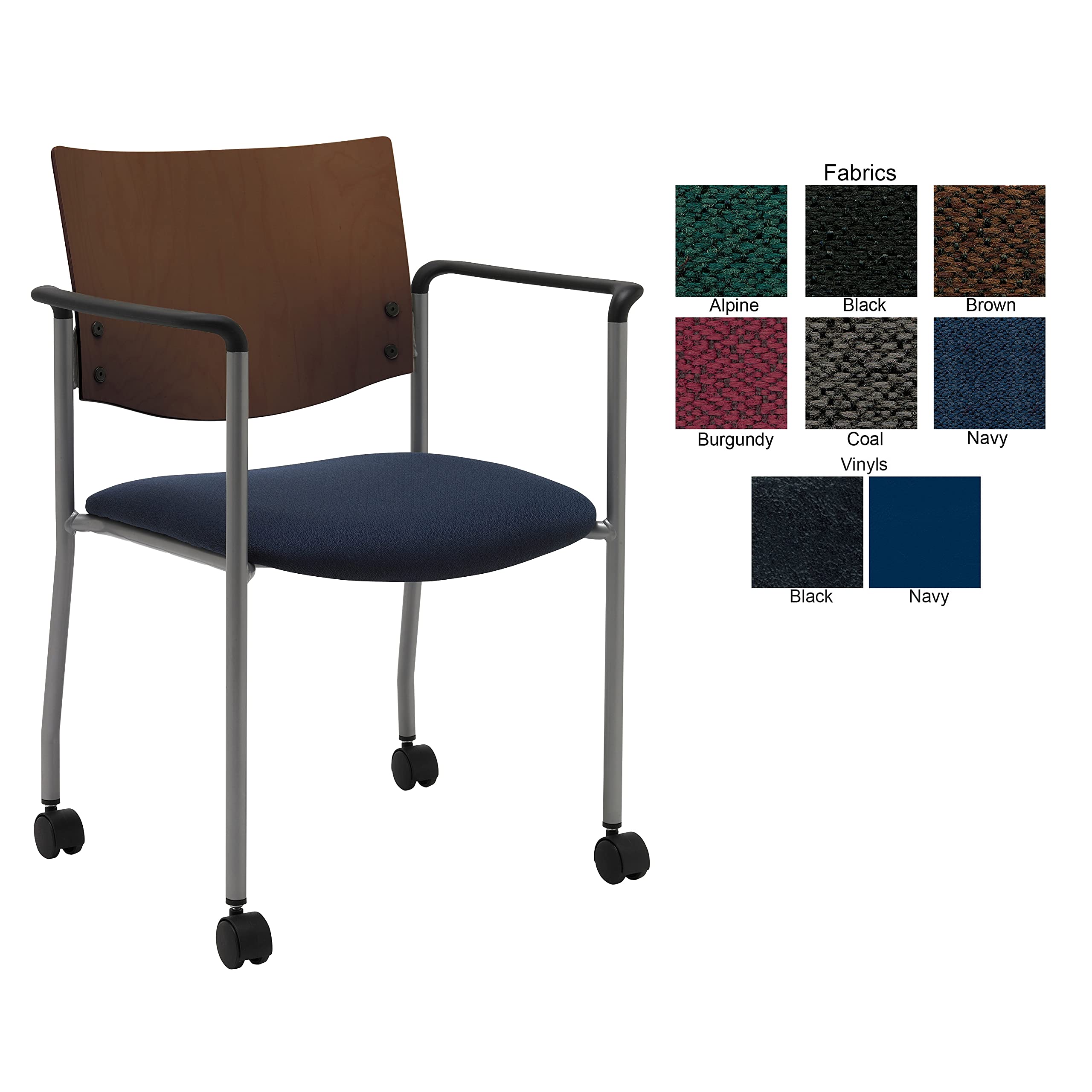 Evolve Series Guest Chair with Arms - Wood Back & Casters - Black Fabric & Chocolate Finish - Perfect for Office, Conference Room & Home Workspace