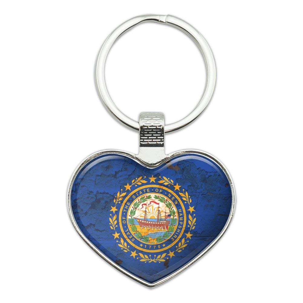 Vintage Rustic New Hampshire State Flag Keychain - Distressed USA Metal Key Ring with Heart Design - Perfect for Travel, Gifts & Patriotic Accessories