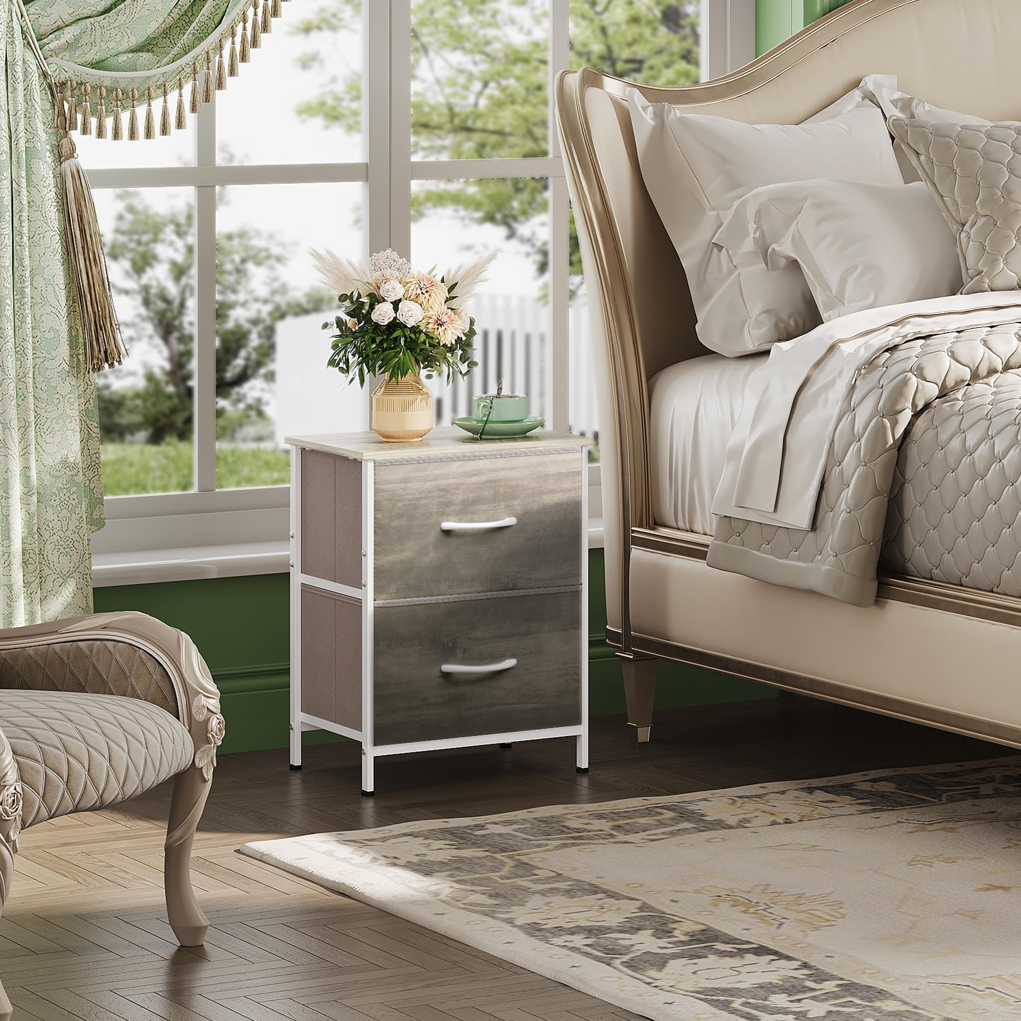 WLIVE Nightstand with 2 Drawers - Small Dresser for Bedroom, Bedside Table with Fabric Bins - Greige Oak Finish - Perfect for Bedroom, Closet, College Dorm & Small Space Organization