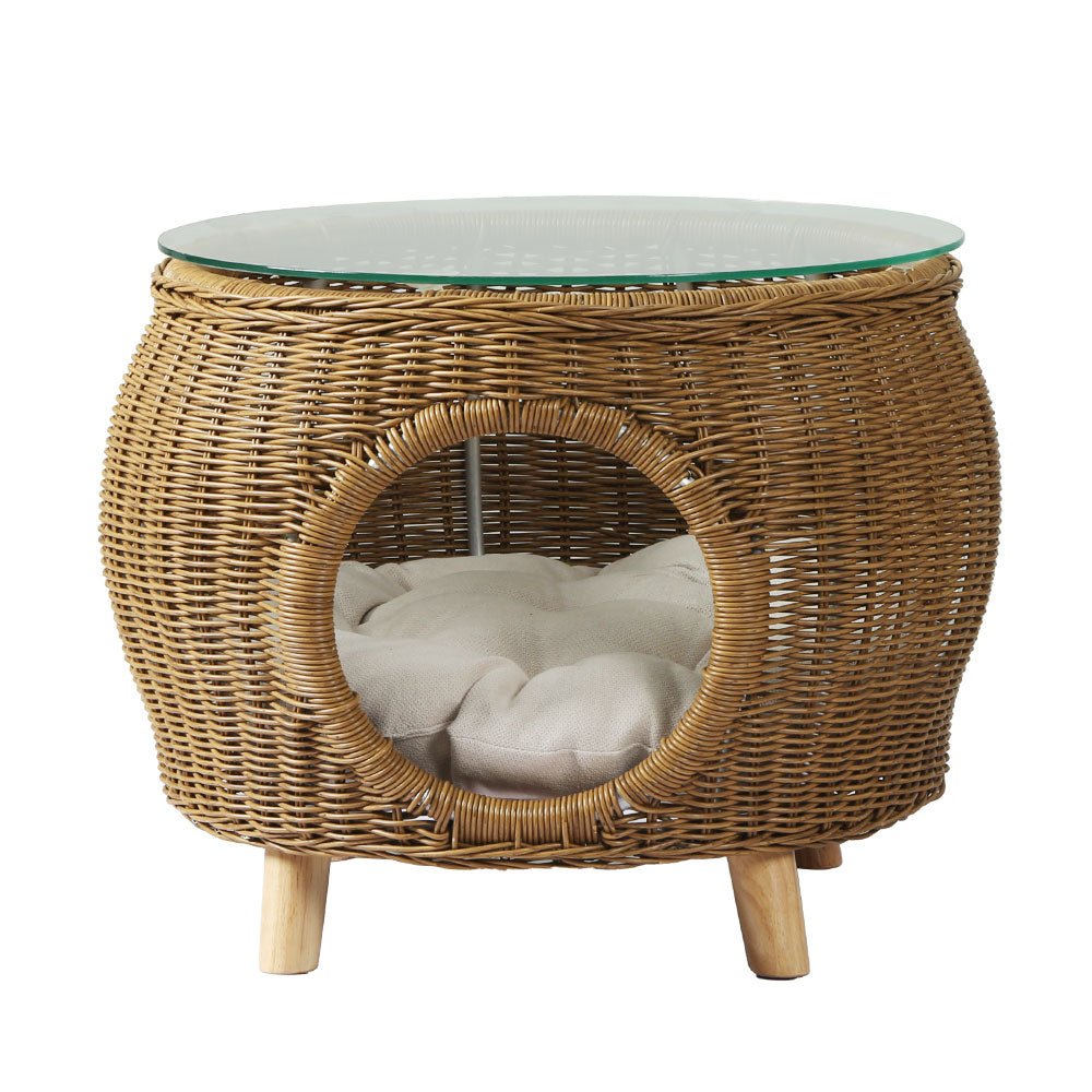 Stylish Wicker & Aluminum Coffee Side Table with Pet Bed Storage - Perfect for Living Room, Patio, and Outdoor Spaces