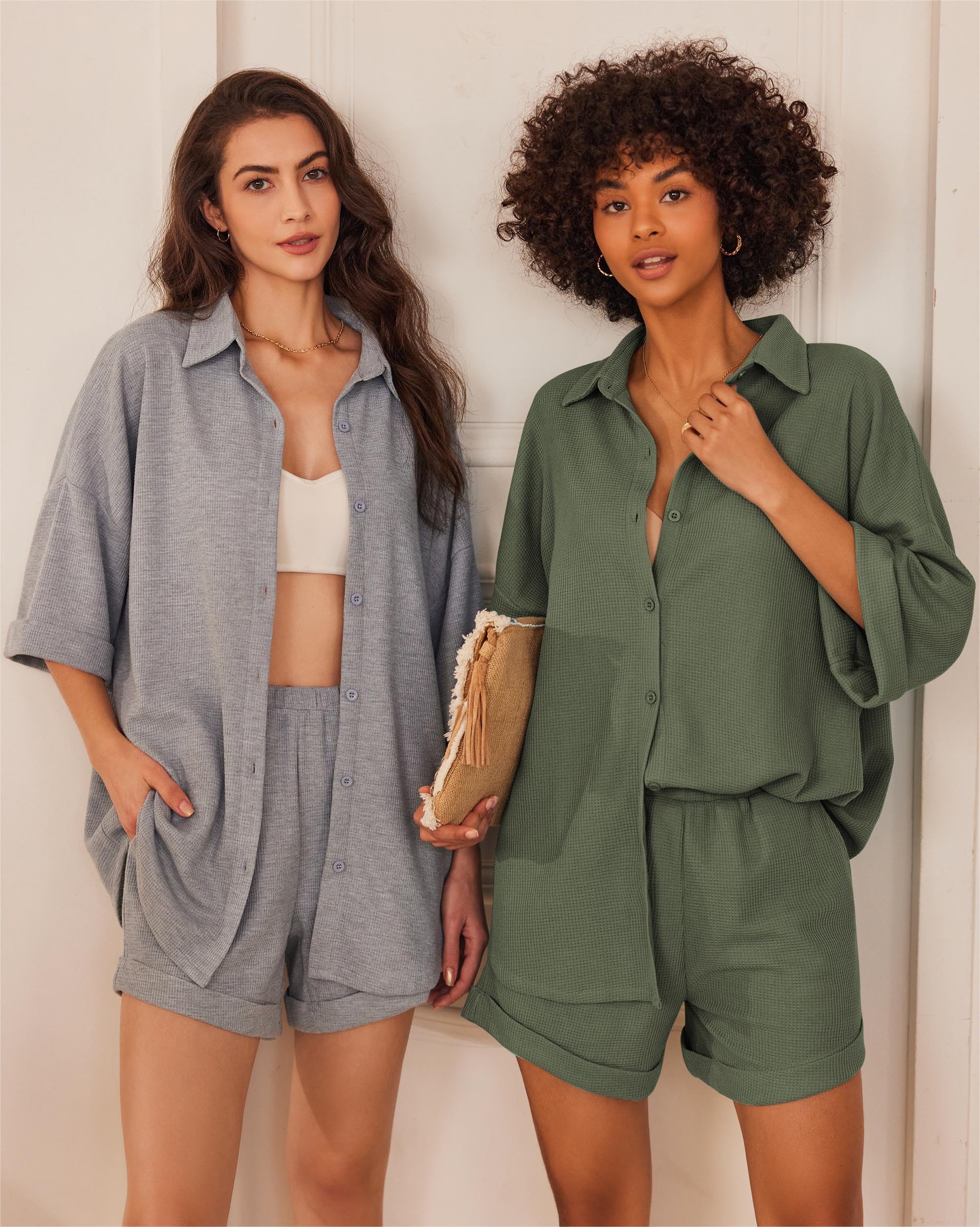 Ekouaer Women's Waffle Knit Lounge Set - Short Sleeve Button Down Pajama Set with Oversized Shorts | Cozy Loungewear for Home, Sleep & Relaxation