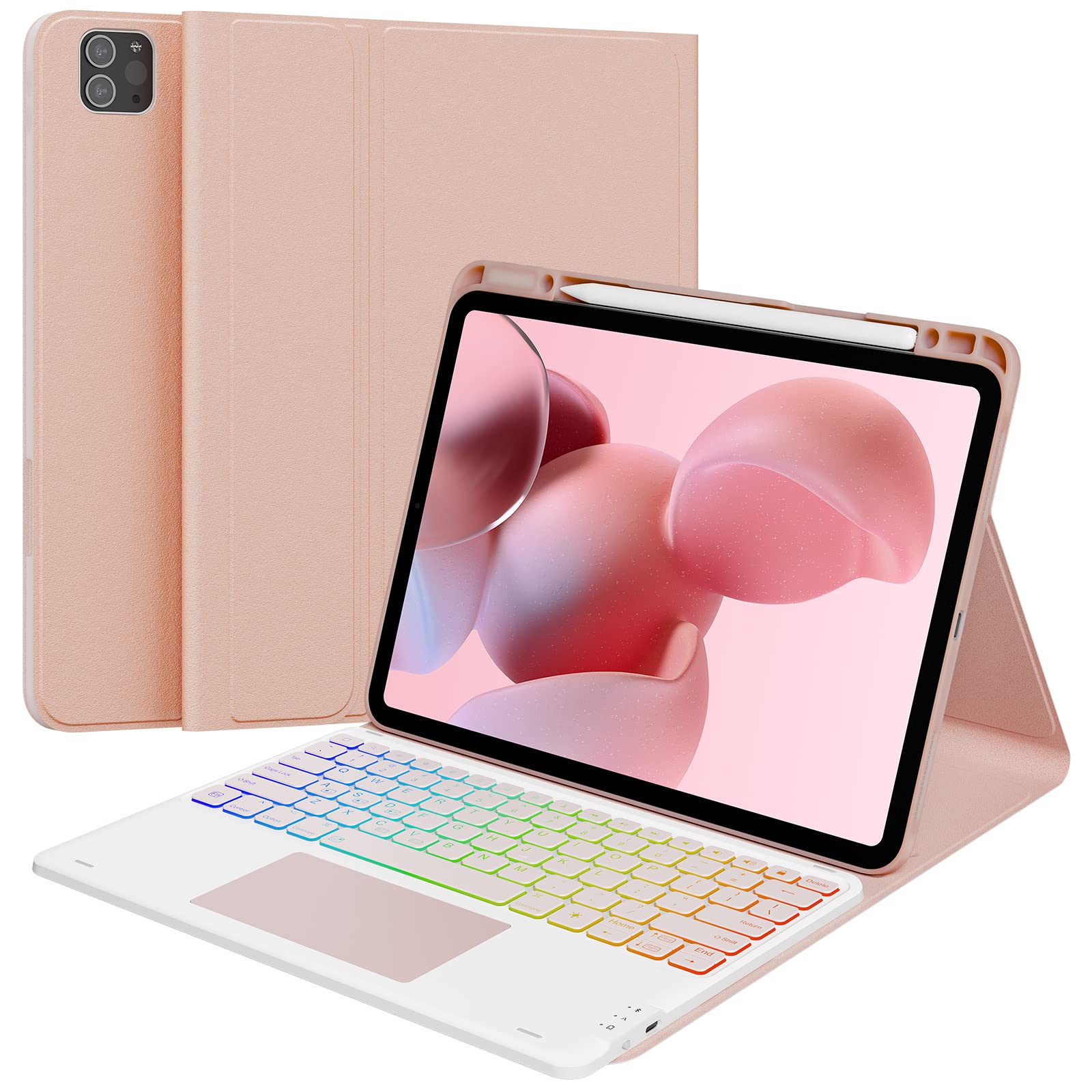 GreenLaw Stain Resistant & Waterproof Keyboard Case for iPad Pro 12.9 Inch (6th/5th/4th Gen) - DIY 7-Color Backlit, 2 Bluetooth Channels, Rechargeable, Rose Gold - Perfect for Work, Travel & Home Office Use