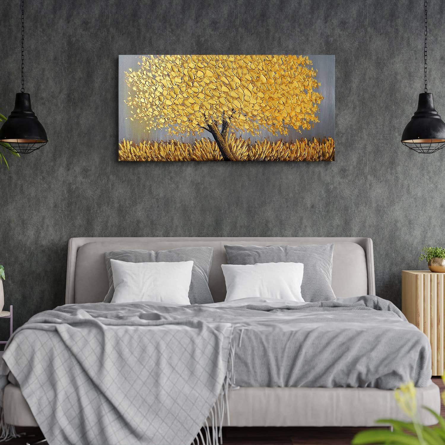 Faicai Art Thick Texture Gold Tree Oil Painting - 3D Palette Knife Canvas Artwork Wall Decor (24x48 Inches) Stretched & Ready to Hang - Perfect for Living Room, Bedroom, Office & Modern Interior Design