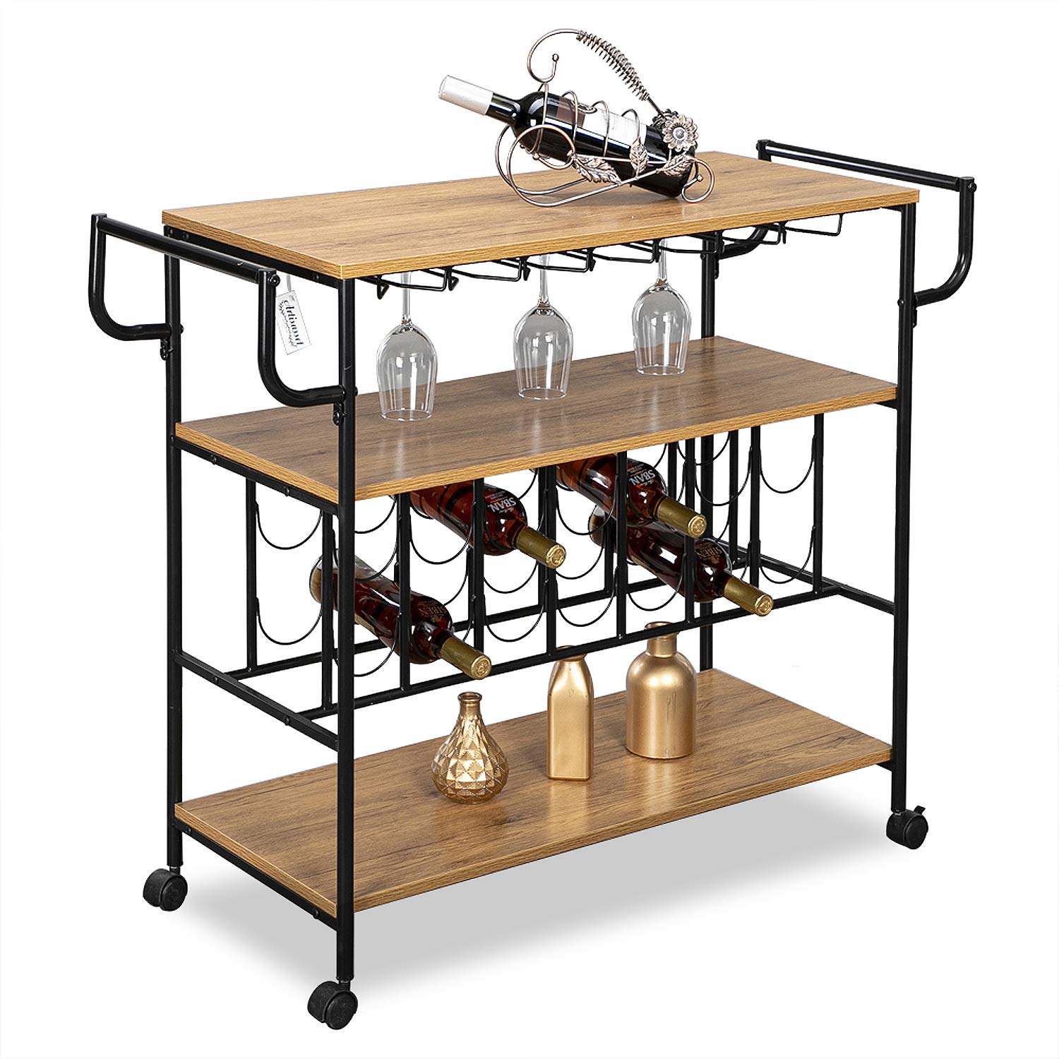 Industrial Wine Cart with Wine Rack & Glass Holder - Rolling Kitchen Bar Serving Cart with Locking Casters & Handle - Perfect for Home, Restaurant, or Party Use (Brown)