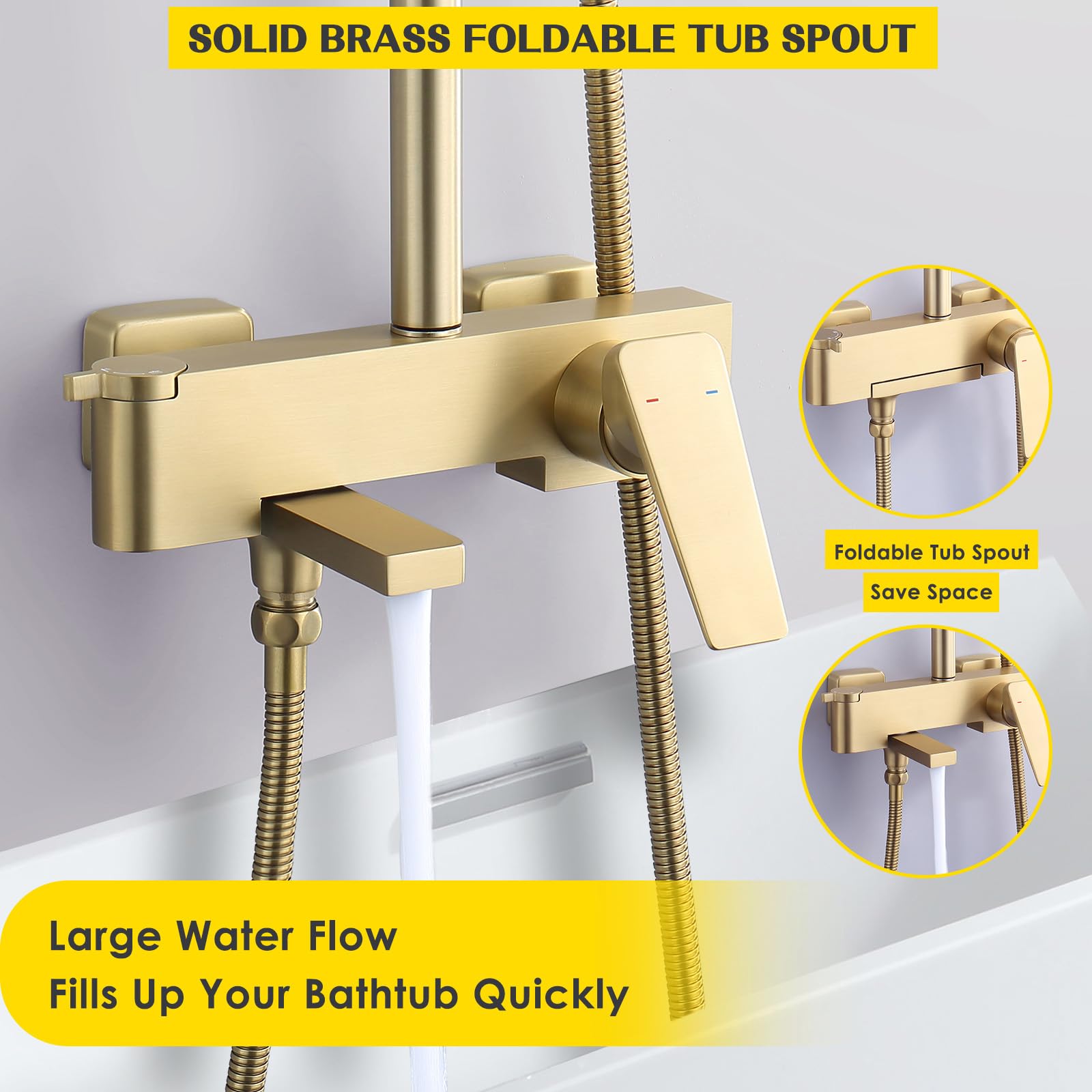 12 x 8 Inches Rain Shower Head with Brushed Gold Exposed Pipe - 3 Function Tub Shower Faucet Set with Handheld Sprayer | Luxury Overhead Shower System for Bathroom Remodel & Spa Experience