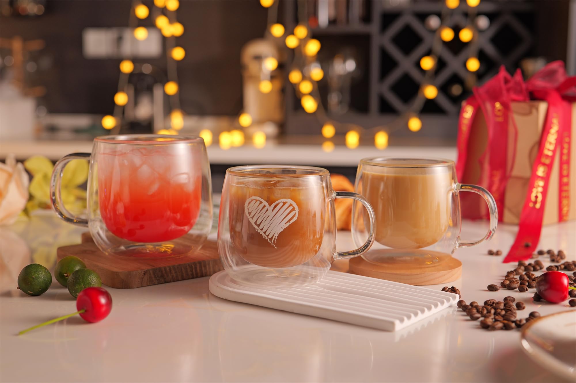 CNGLASS 16oz Double Walled Insulated Glass Coffee Mugs (4-Pack) - Clear Large Coffee Cups with Handle for Hot & Cold Drinks - Perfect for Latte, Cappuccino, Tea, Iced Coffee - Ideal for Home, Office, Cafe & Gifts