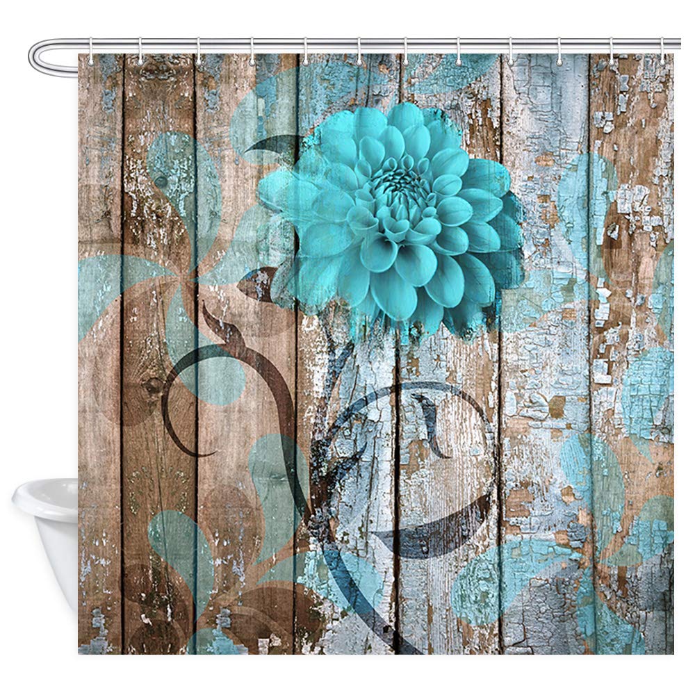 Teal Dahlia Small Shower Curtain - Rustic Wooden Plank Design with Country Style Dahlia Flowers, Waterproof Fabric Bath Curtain Set with Hooks (36x72 inches) for Vintage Bathroom Decor & Farmhouse Style Bathrooms