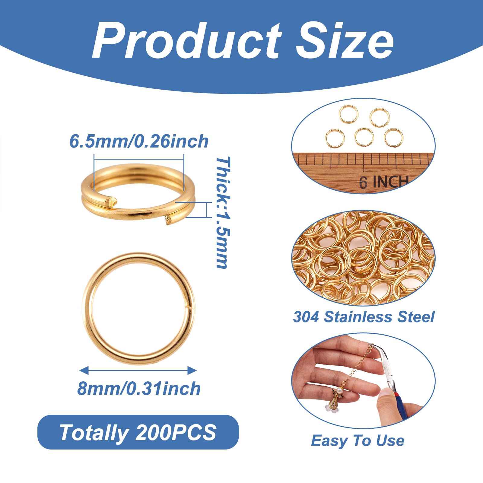 Craftdady 200Pcs 8mm Gold Stainless Steel Split Rings - Double Loop Jump Rings for Jewelry Making, Keychains, Charms & DIY Crafts | Perfect for Necklaces, Bracelets & Handmade Accessories