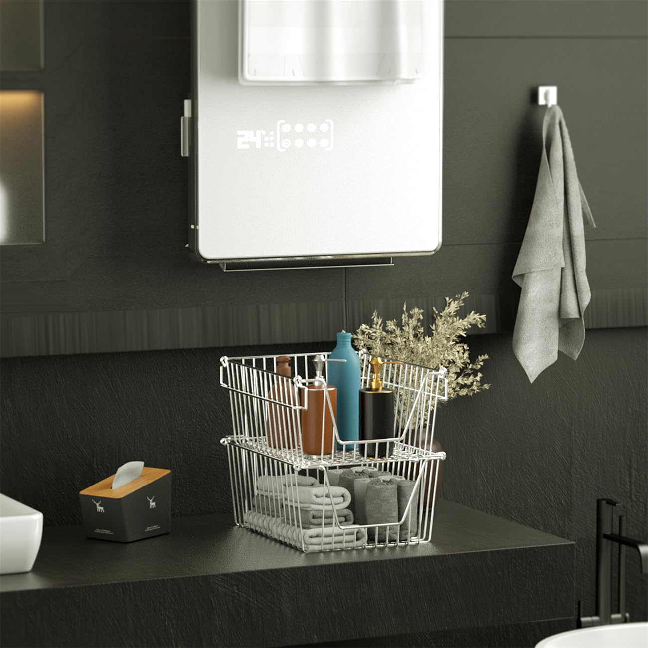 SANNO Stackable Metal Pantry Bins for Kitchen Organization - Cabinet Storage Baskets for Onion, Potato, and Farmhouse Style Countertop Use