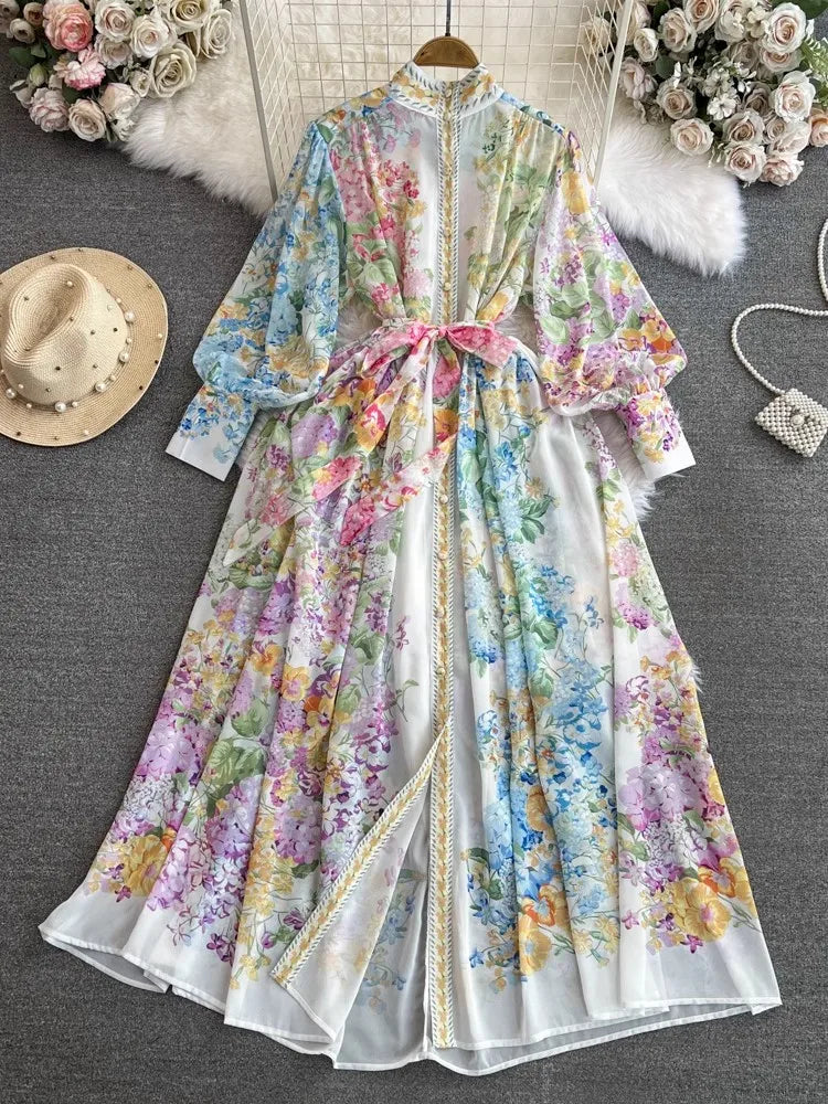 Bohemian Floral Maxi Dress for Women - Long Lantern Sleeve, Single Breasted, Lace-Up Boho Robe with Floral Print | Perfect for Beach Vacations, Summer Parties & Boho Fashion