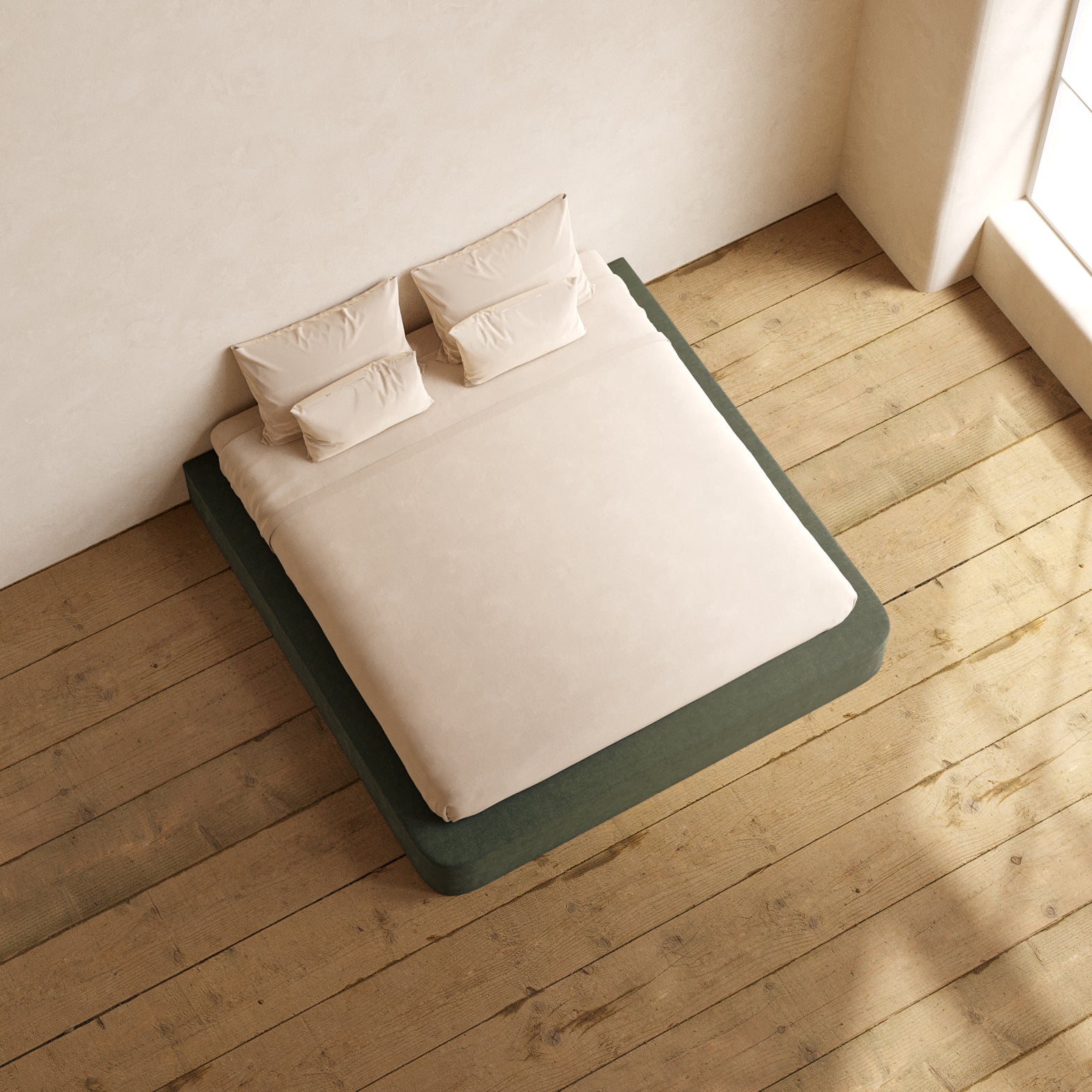 King Size Upholstered Platform Bed Frame with Luxe Corduroy Fabric in Olive Green - Modern Bedroom Furniture for Master Bedroom & Guest Room