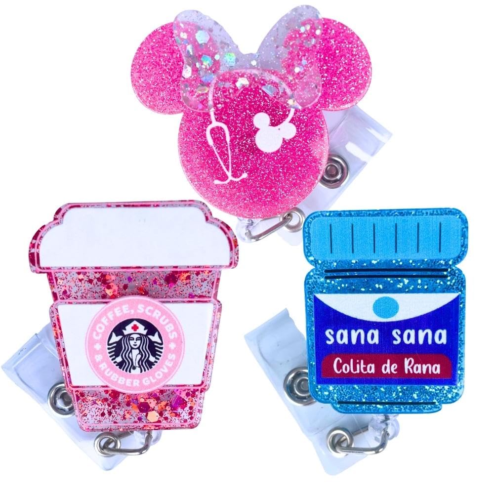 3-Piece Cute Pink Nurse Badge Reel Set - Funny Name Tag ID Holder with Retractable Clip for Nurses, Medical Assistants, RN, CNA, Pharmacy & Nursing Students - Perfect for Hospital, ER & Healthcare Work - Bulk Gifts & Essentials for Medical Professionals