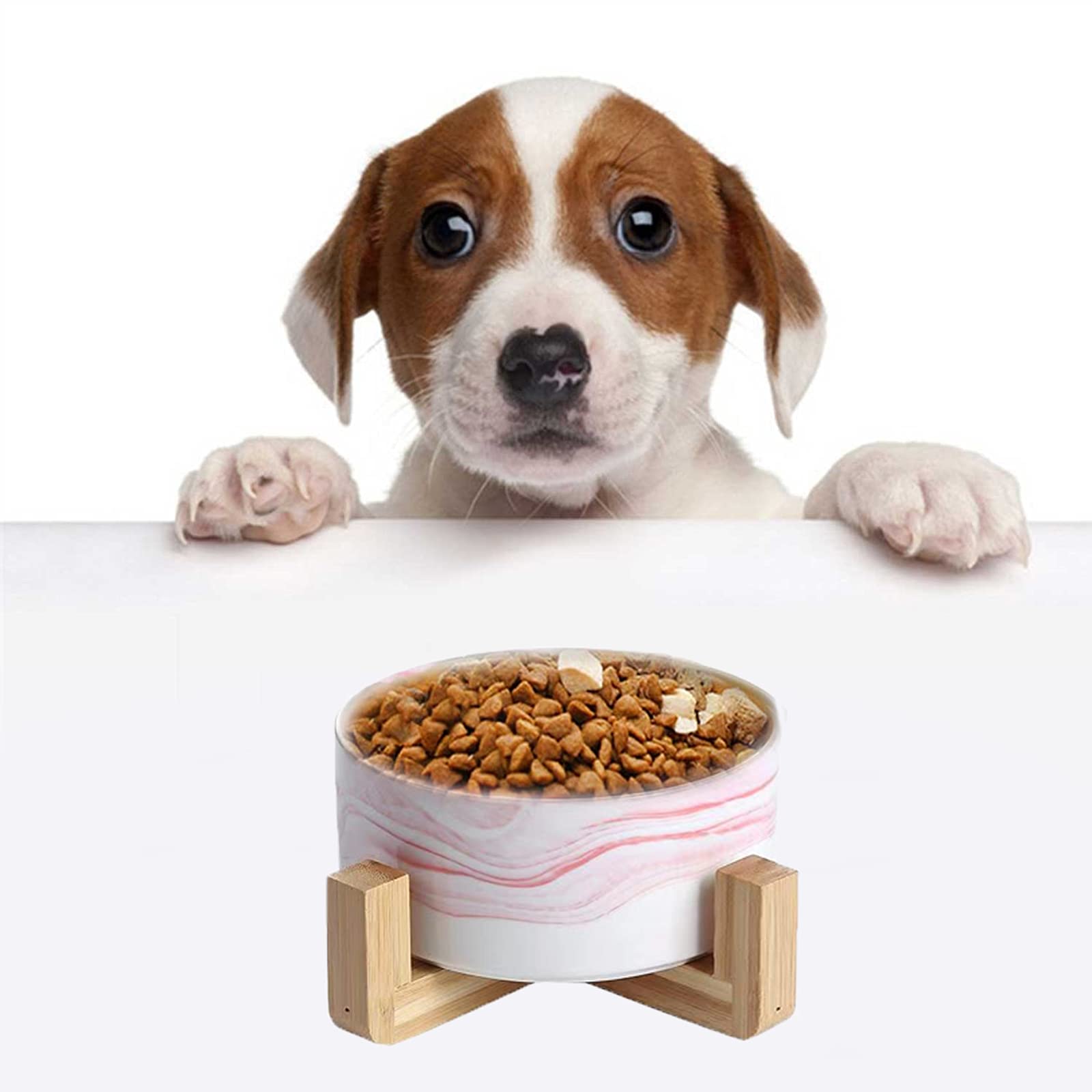 Ceramic Elevated Dog & Cat Bowl Set with Wood Stand - 28oz Durable Pet Food & Water Dish - Modern Weighted Design in Marble Pink for Small to Medium Pets - Perfect for Dining, Kitchen, or Living Room Use