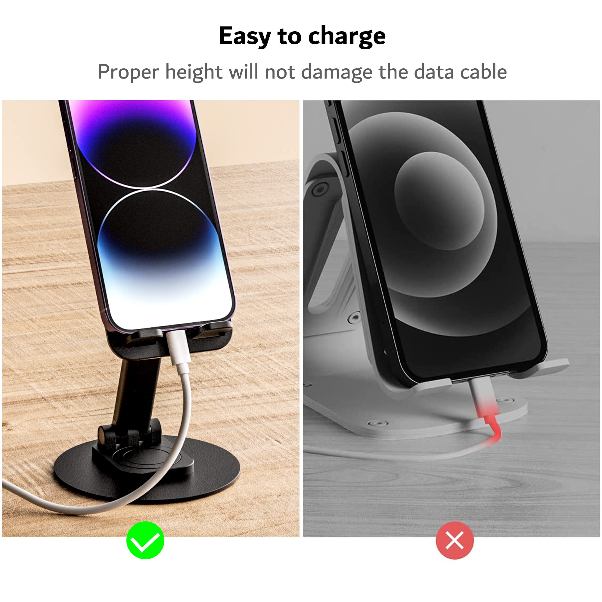PZOZ 360° Rotating Phone Stand for Desk - Adjustable iPhone & Smartphone Holder for Video Recording, Live Streaming, and Hands-Free Viewing - Perfect for Home, Office, and Travel (Black)