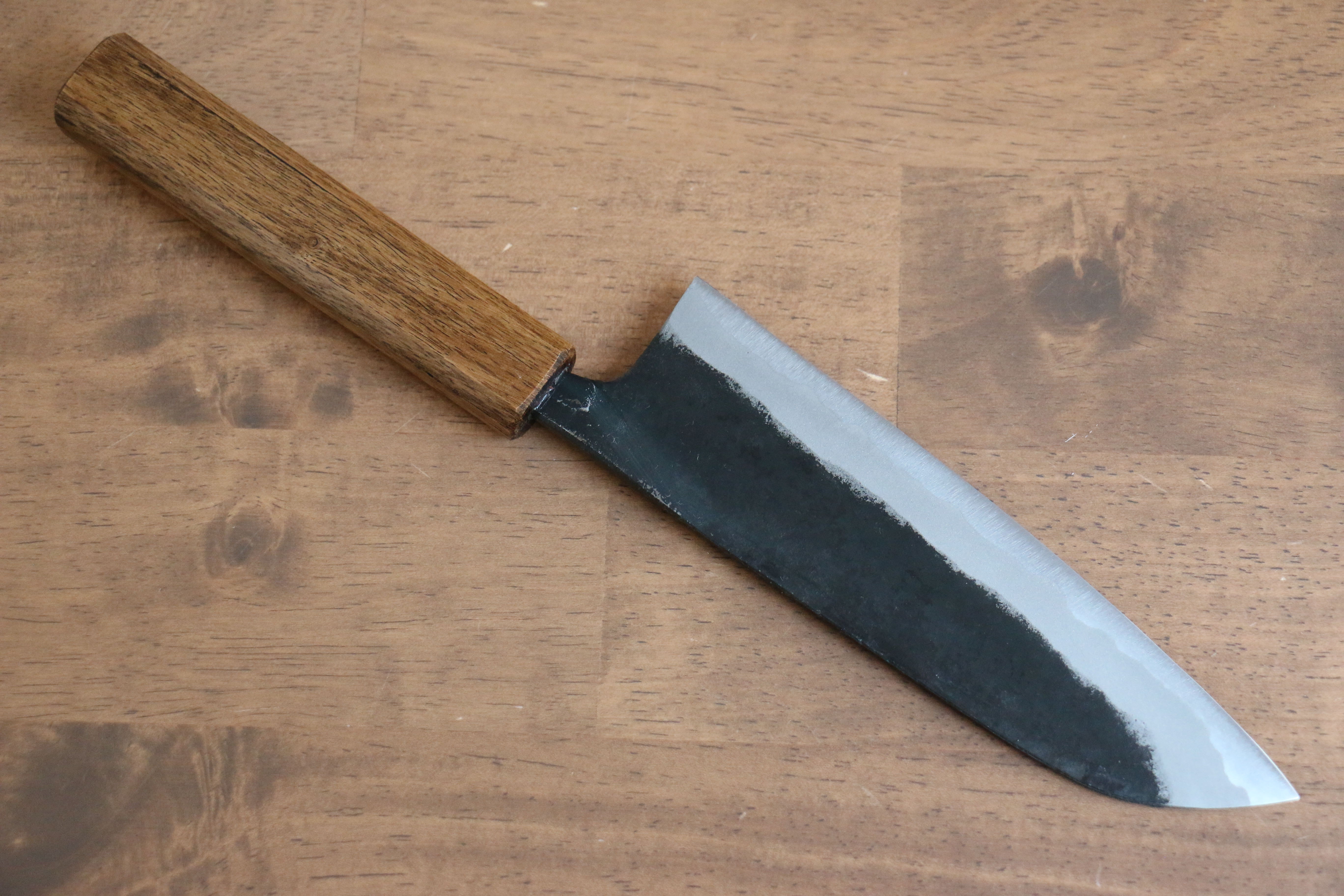 Premium Kyohei Shindo Blue Steel Santoku Knife 170mm - Black Finish, Live Oak Lacquered Handle - Ideal for Slicing, Dicing & Chopping Vegetables, Meat & Fish
